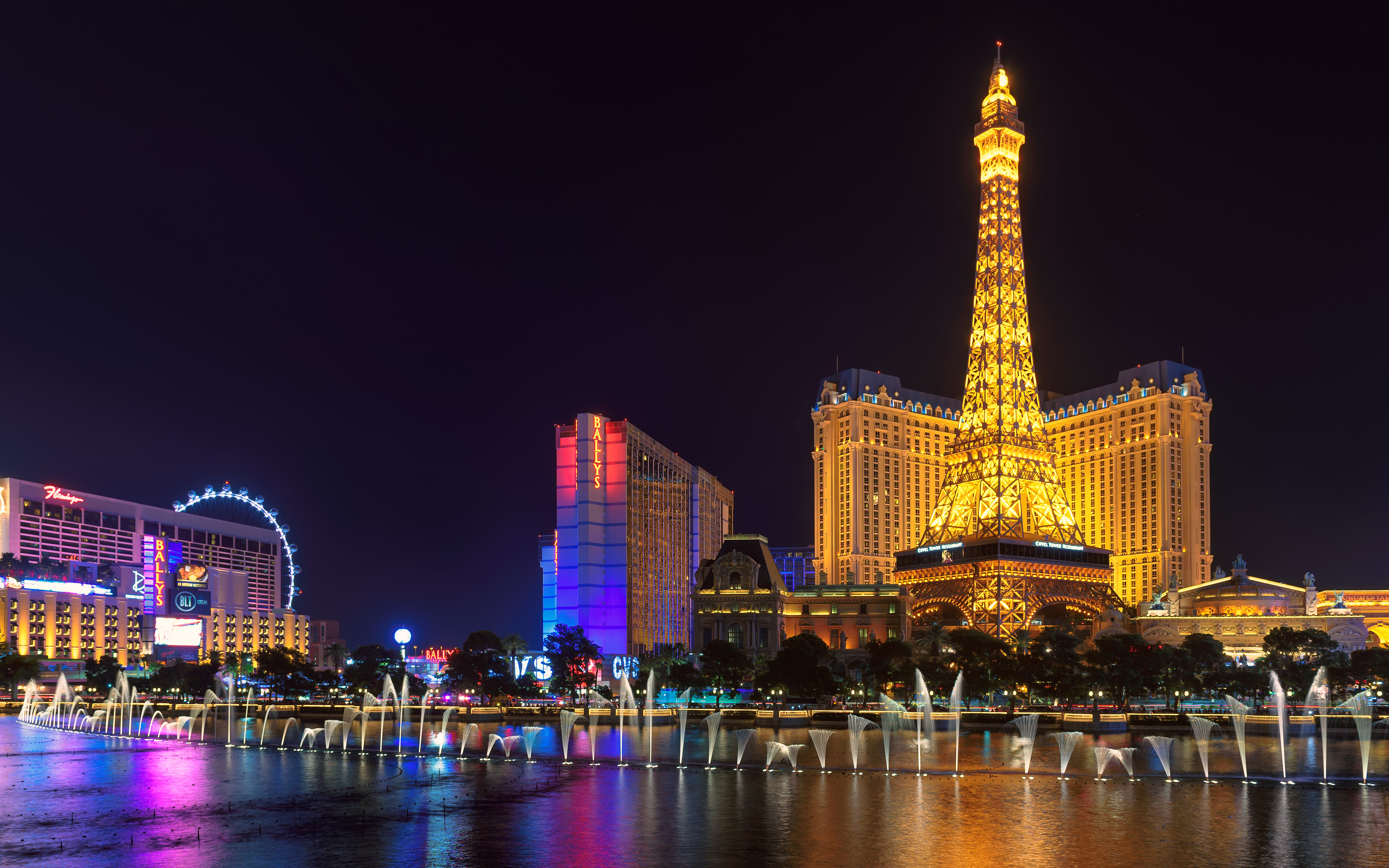Download wallpaper Las Vegas, 4k, Bellagio, Nevada, casino, fountain, Eiffel Tower, USA, Las Vegas Strip for desktop with resolution 3840x2400. High Quality HD picture wallpaper