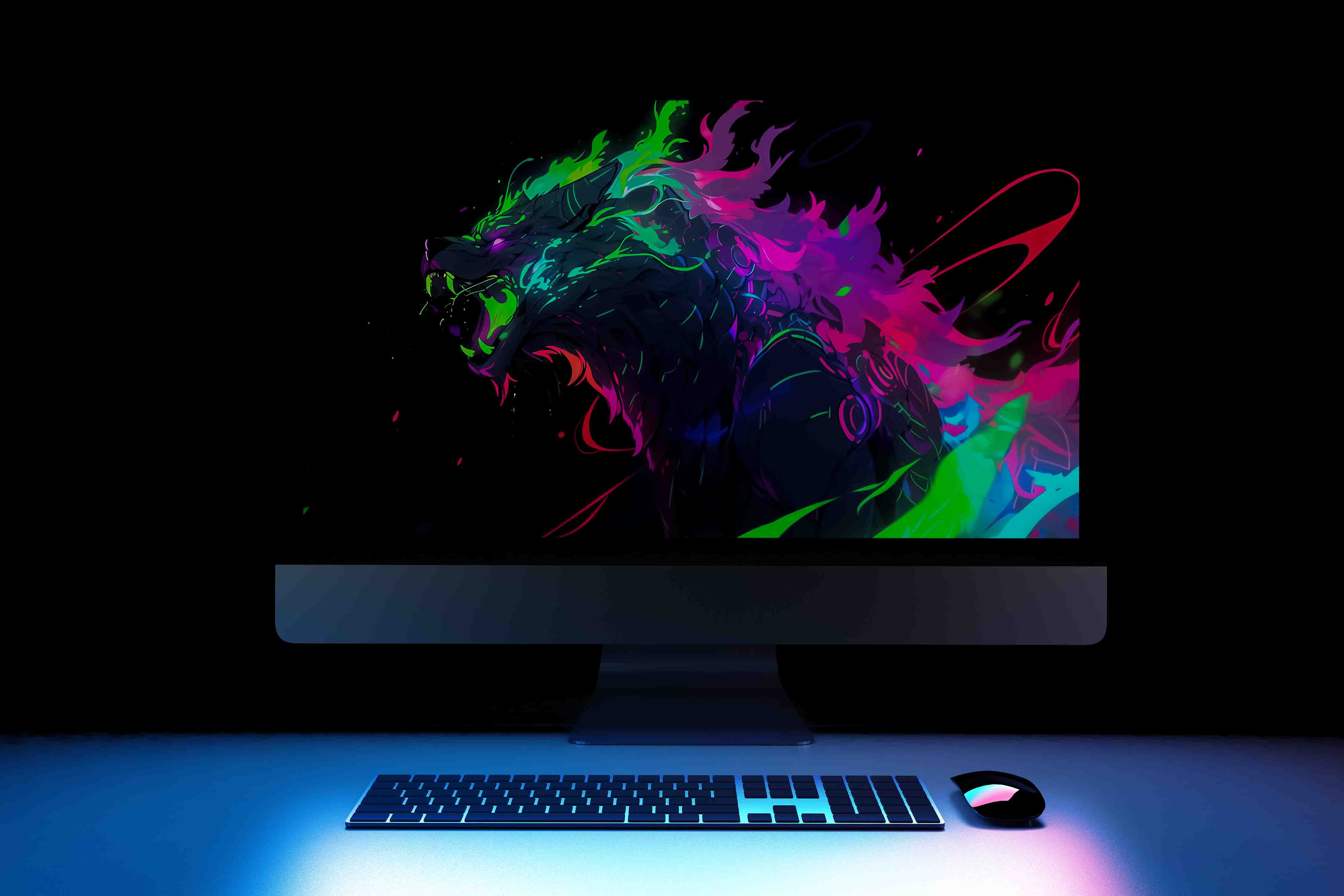 Beast Mode Dark RGB Wolf Colorful Illustration Background Wallpaper for PC Gamer Setup