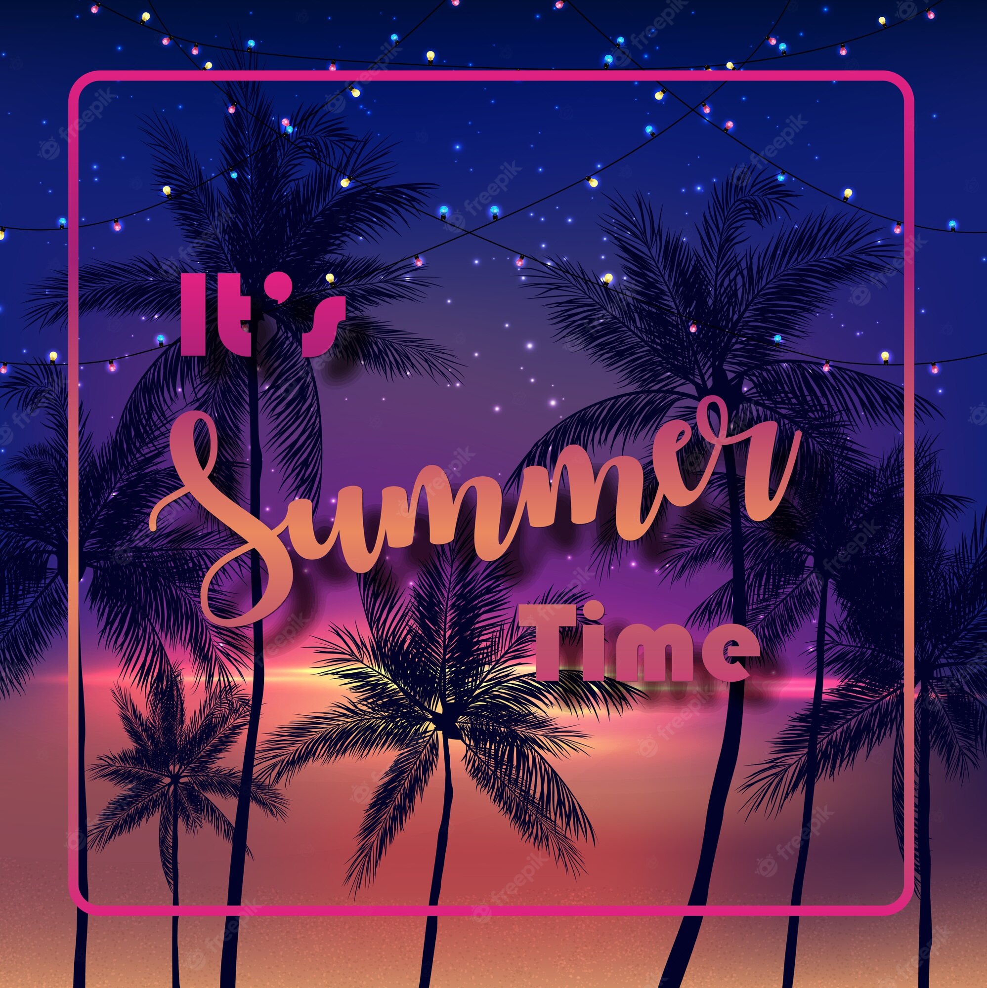 Premium Vector. It's summer time with palm trees at night background