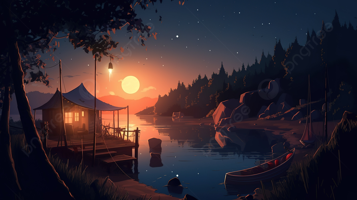 Night Time Scene With Boats And A Shack Background, Summer Night Picture Background Image And Wallpaper for Free Download