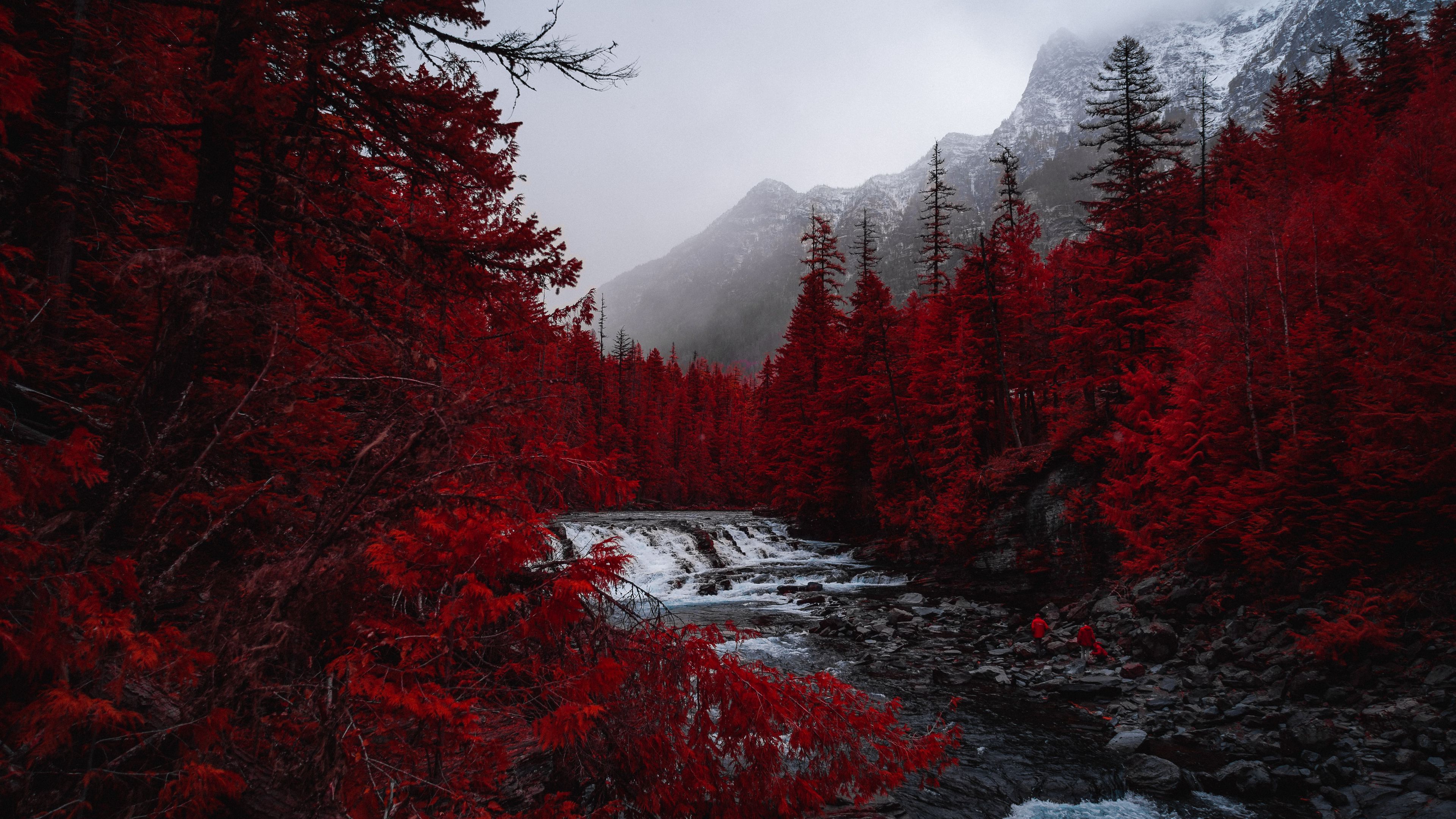 Wallpaper / river, trees, red, mountains, fog, landscape, 4k free download