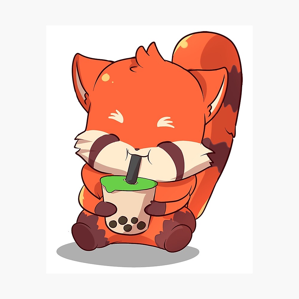 Panda Bubble Tea. Red Panda Drinking Boba Tea Poster