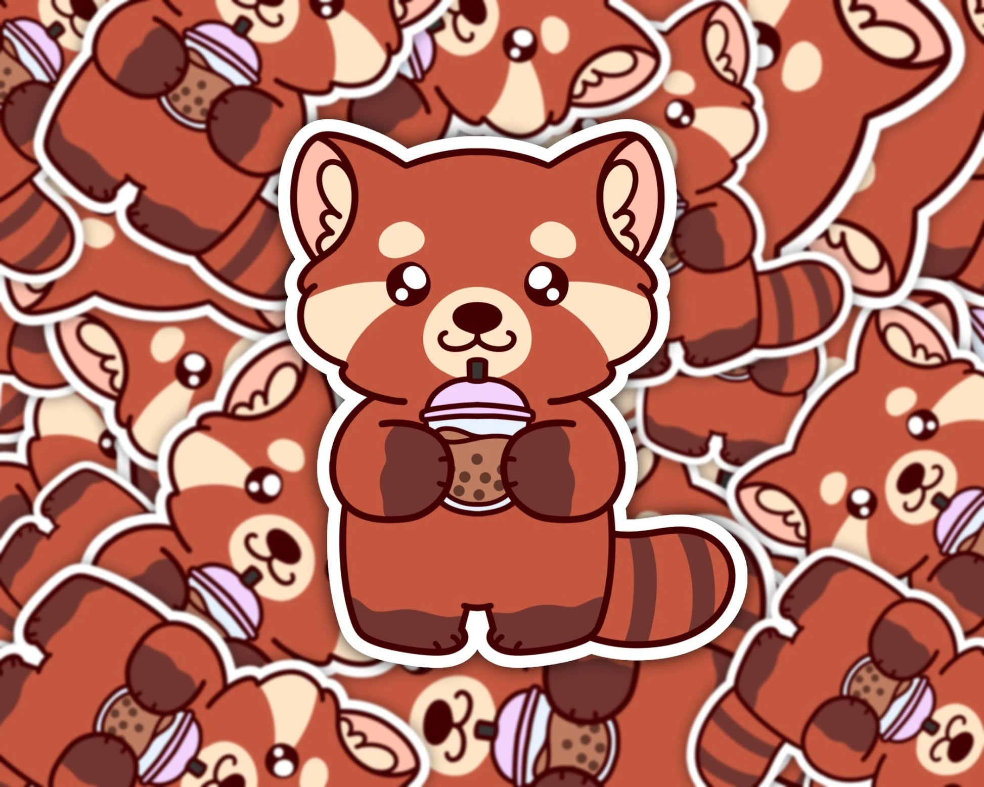Berry the Red Panda Drinking Boba Waterproof Vinyl Sticker
