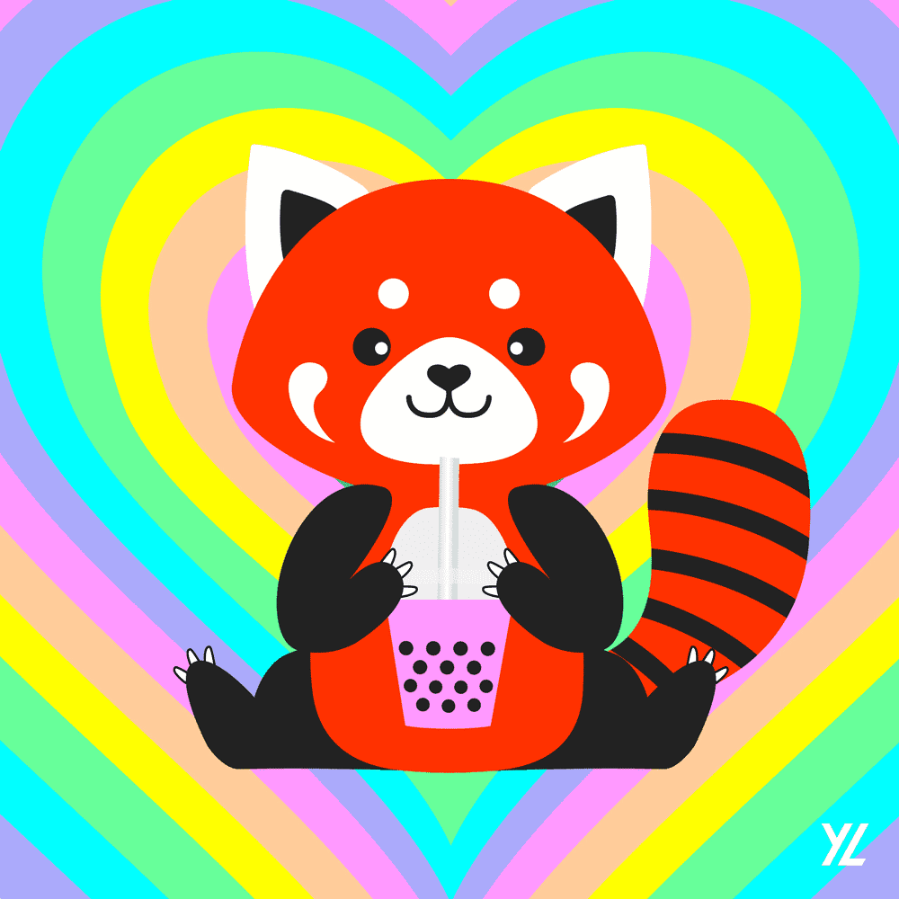 Red Panda Holding Rainbow Boba Tea 126 Creative Land Series 001 Boba Panda Bonanza By Yiying Lu