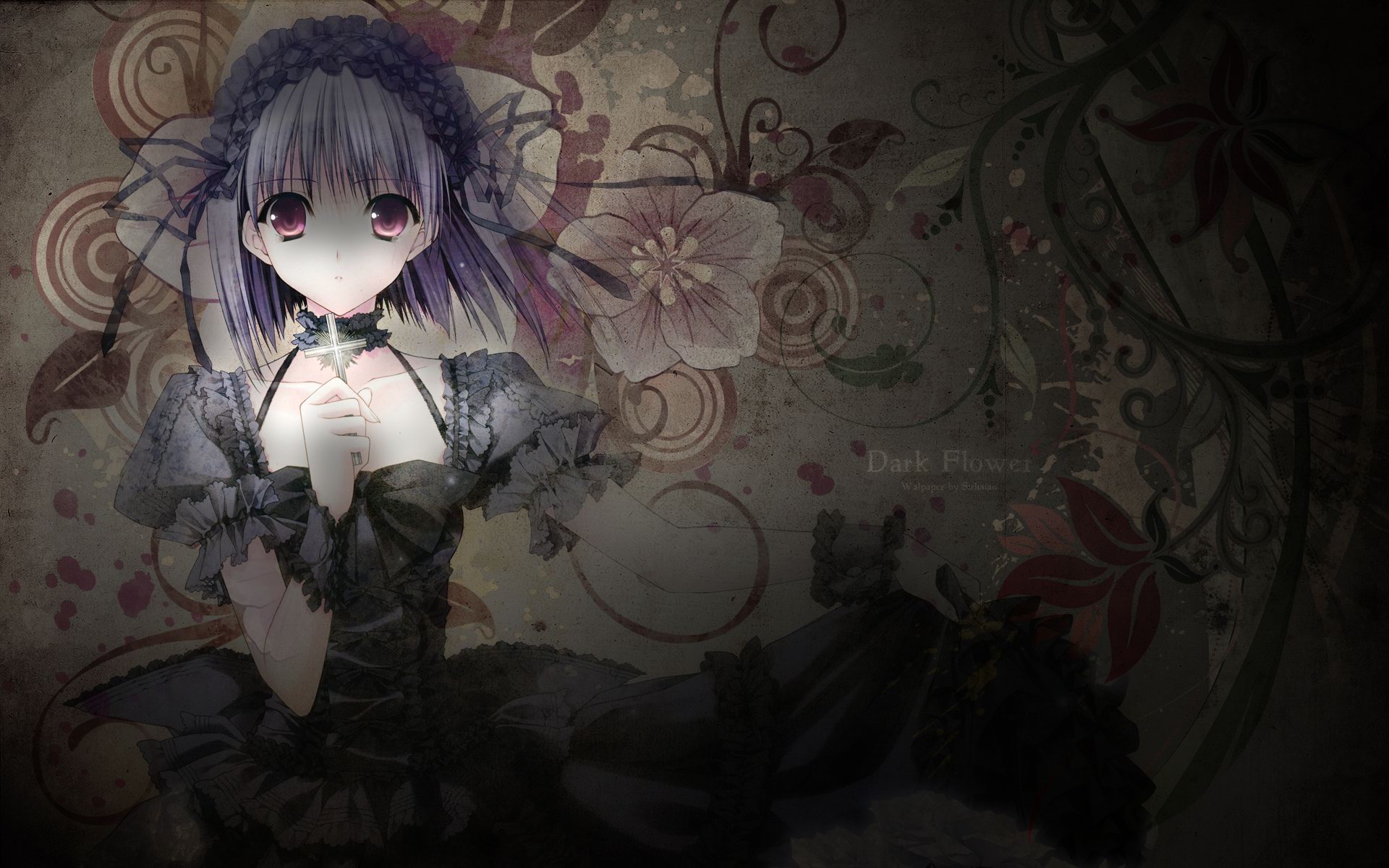 Wallpaper, drawing, dark, flowers, anime girls, purple hair, dress, original characters, lavender, cross, Gothic, violet eyes, purple eyes, darkness, screenshot 1920x1200