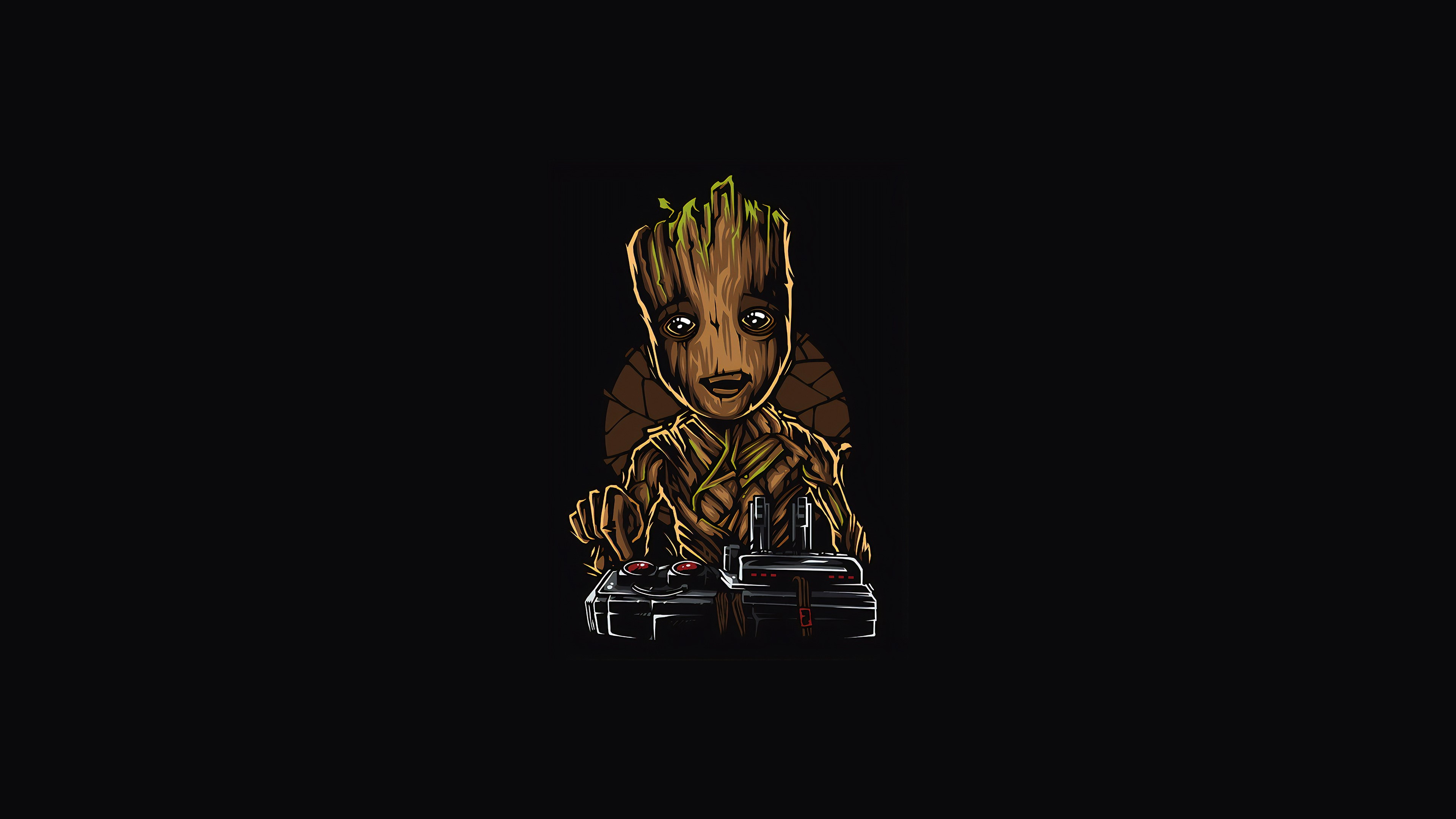 4K, Groot, superhero, Marvel Cinematic Universe, digital, illustration, dark, Guardians of the Galaxy, fictional, Baby Groot, Oleg Bright, simple background, character design, frontal view, digital art, artwork, simple, dark background, black