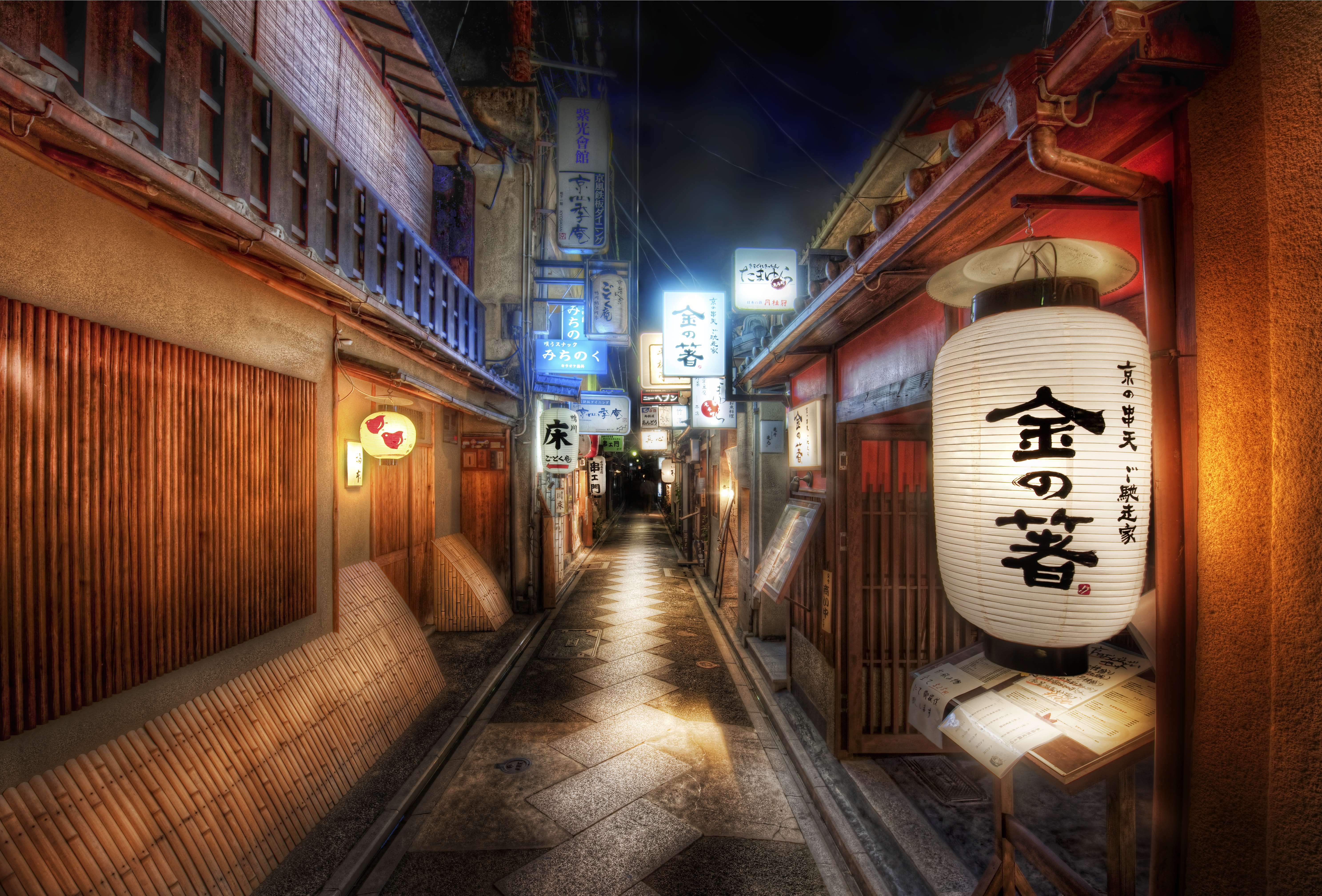 4K, 5K, Japan, Kyoto, Winter, Houses, Street, Snow, Night, Street lights Gallery HD Wallpaper