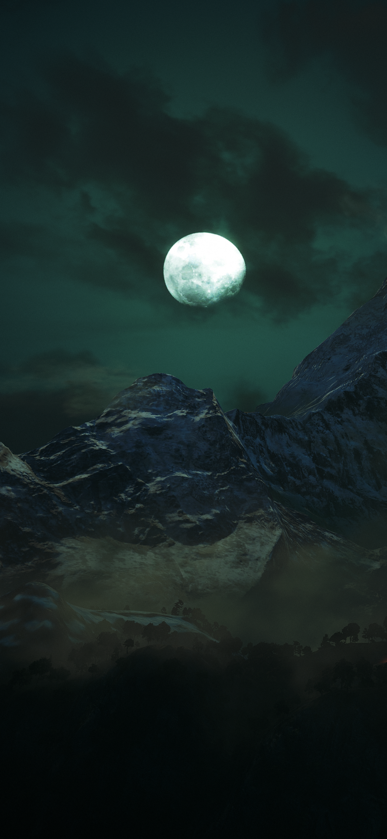 Night Wallpaper 4K, Moon, Mountains, Dark, Forest