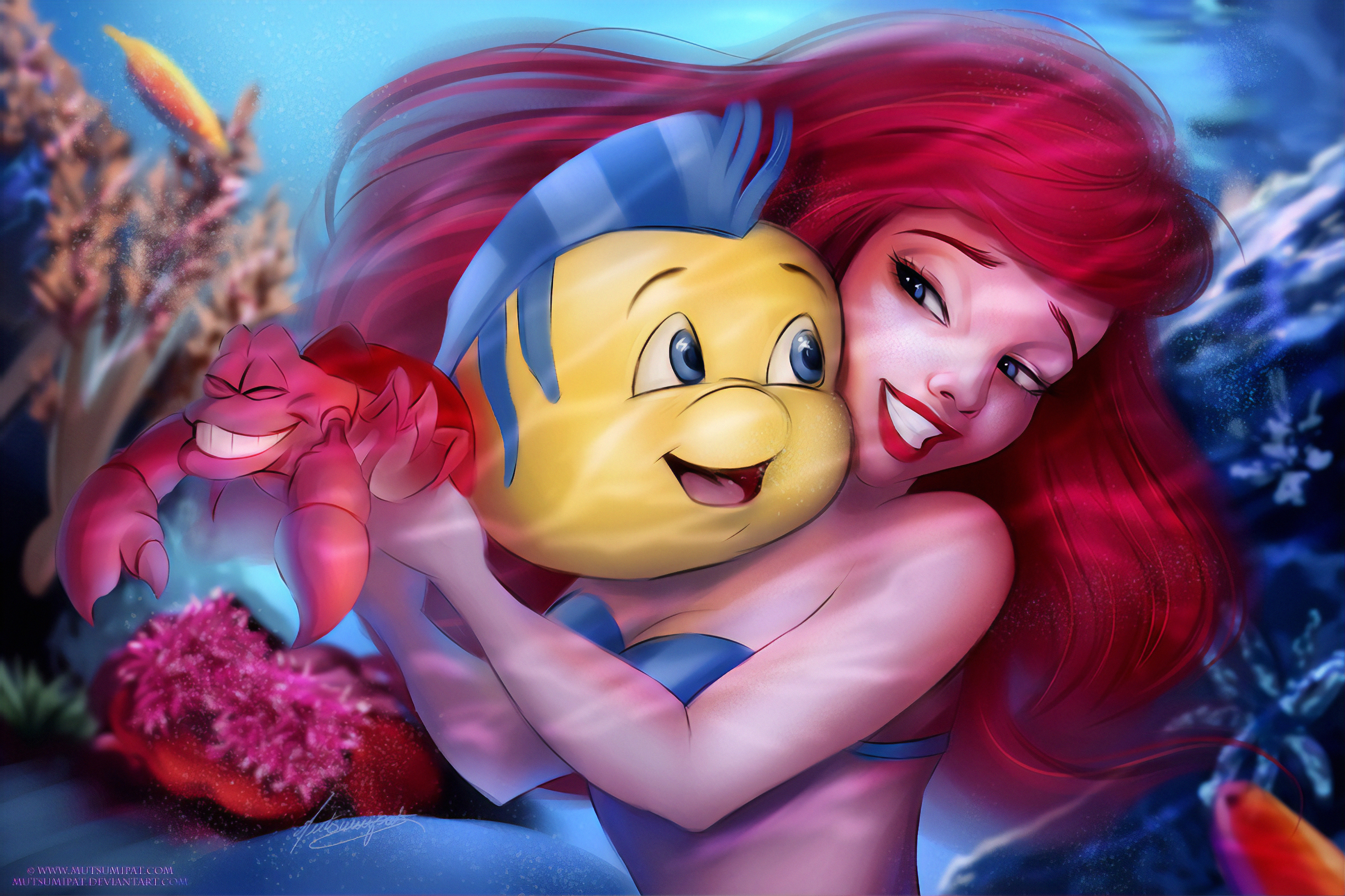 Download Flounder (The Little Mermaid) Mermaid Smile Fish Blue Eyes Red Hair Ariel (The Little Mermaid) The Little Mermaid Movie The Little Mermaid 4k Ultra HD Wallpaper
