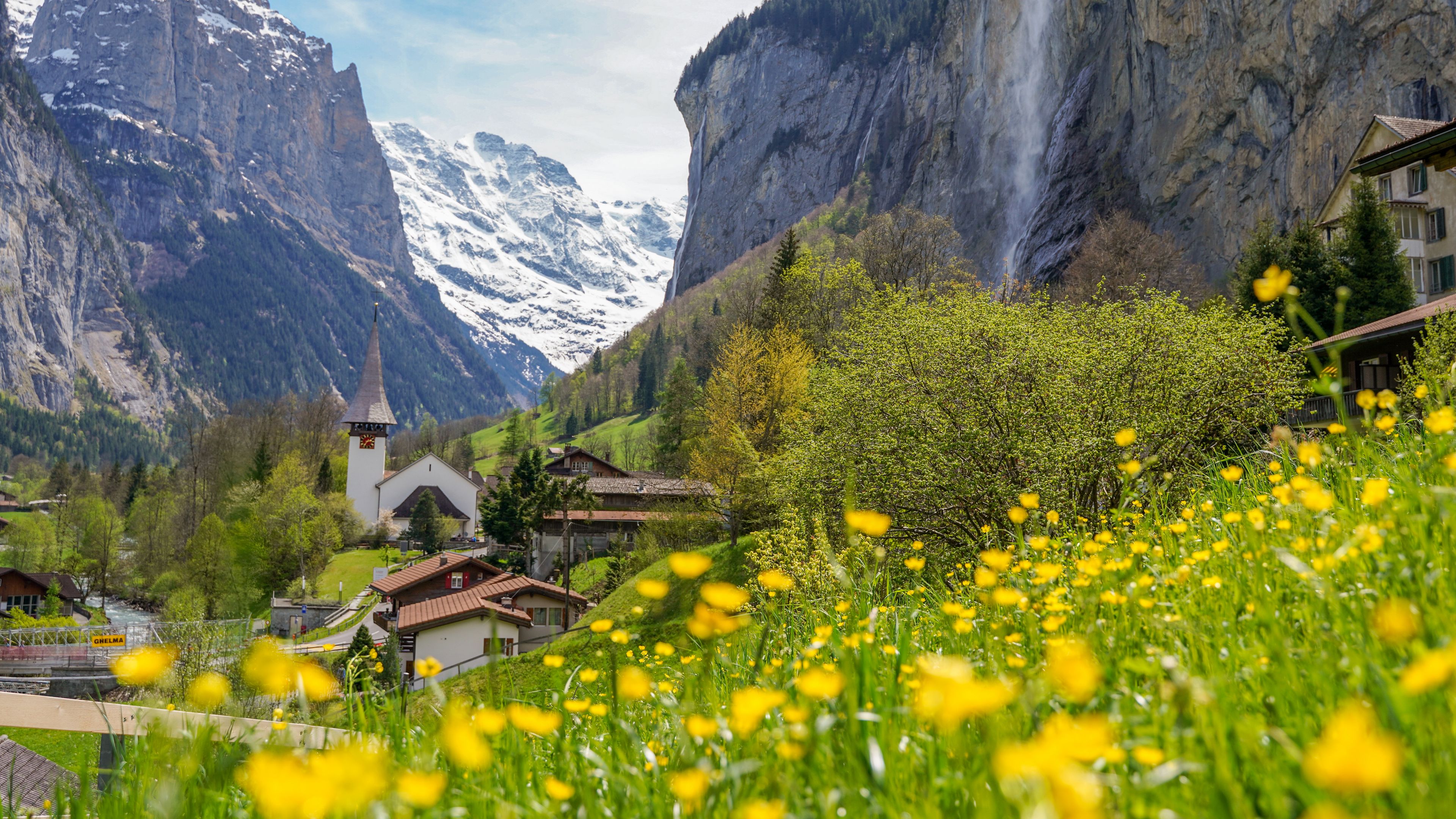 Download wallpaper 3840x2160 buildings, houses, mountains, flowers, trees, valley 4k uhd 16:9 HD background