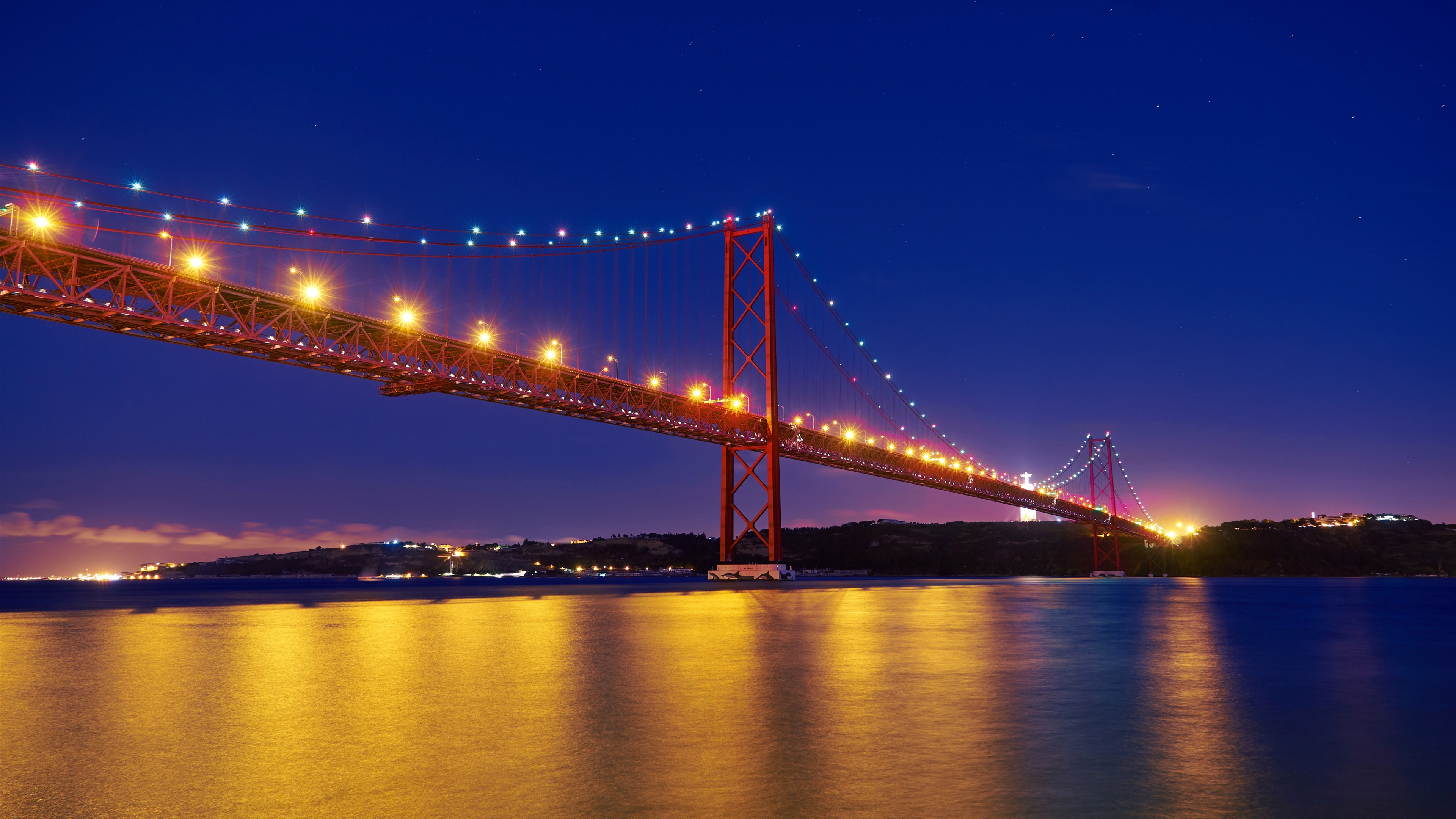 Wallpaper Portugal, Tagus river, 25th April Bridge, Lisbon, night, illumination 3840x2160 UHD 4K Picture, Image