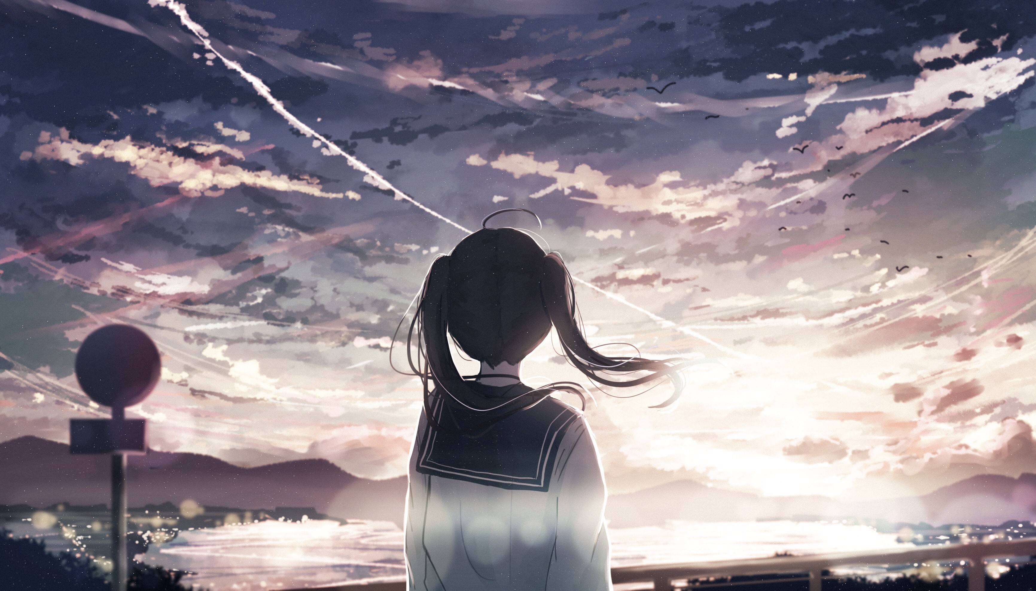 Wallpaper / sign, sunrise, sky, clouds, mountains, lake, fence, back, wind, school uniform, birds, sparkles, anime, original characters, twintails free download