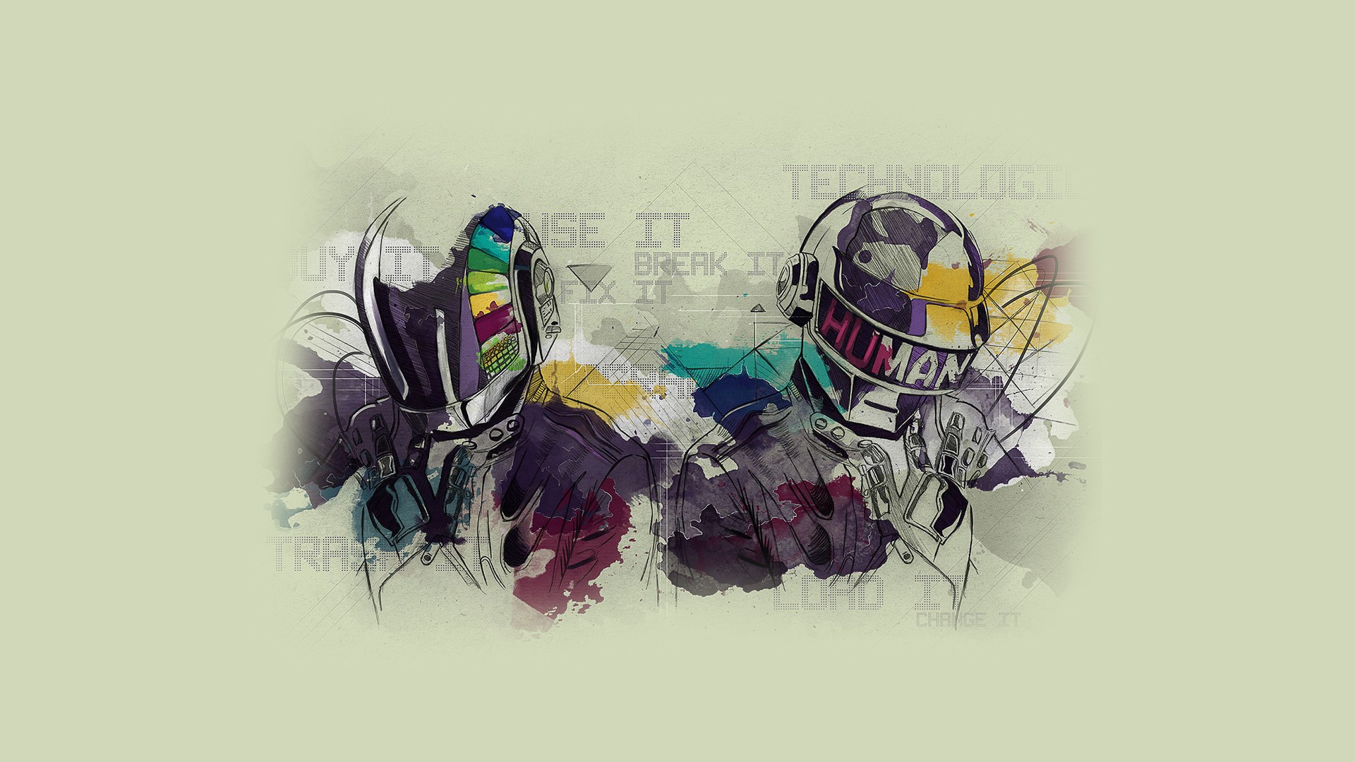 Wallpaper, drawing, illustration, Daft Punk, ART, color, sketch, modern art 1920x1080