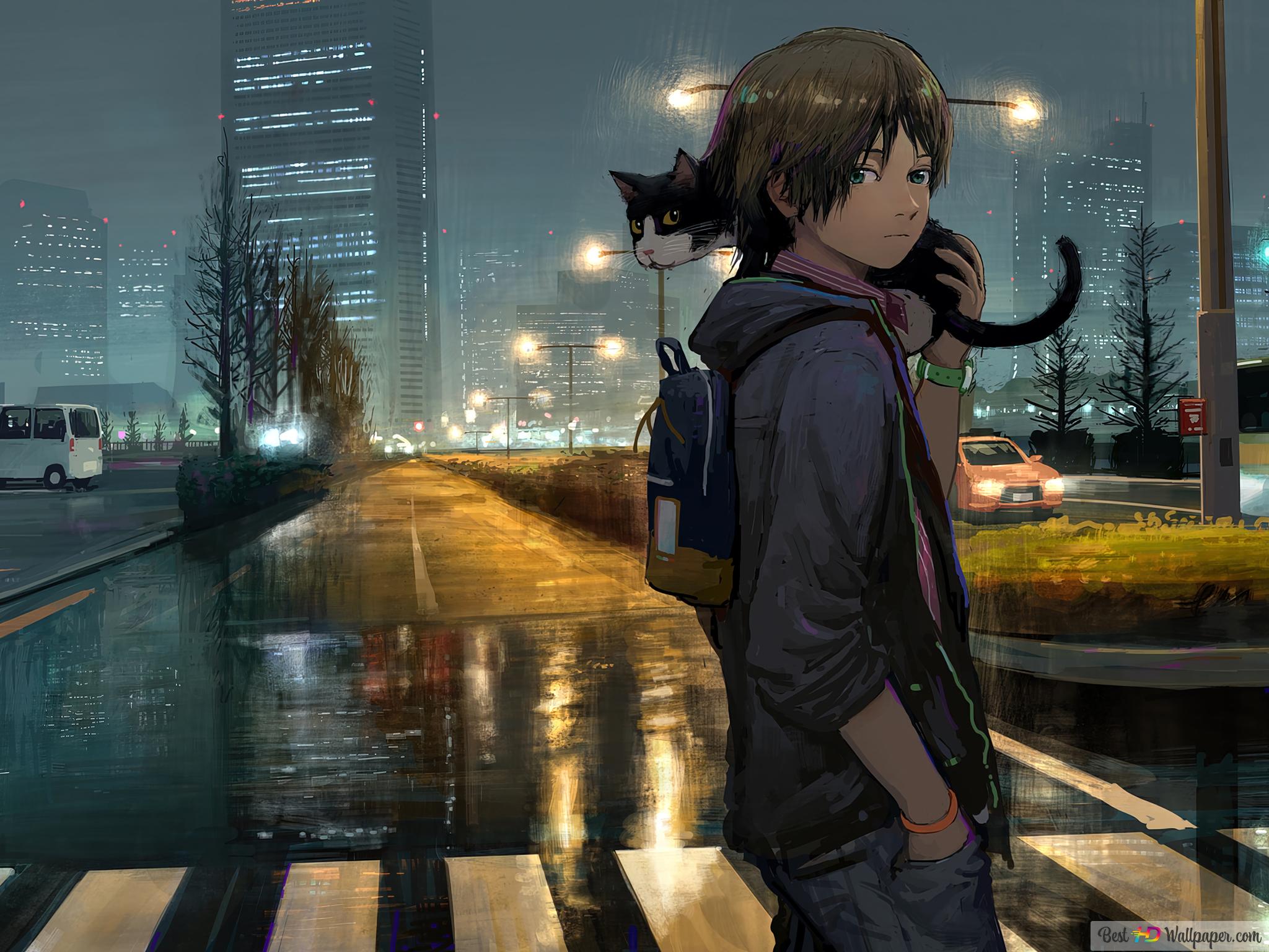 Anime Boy Night City 4K wallpaper download