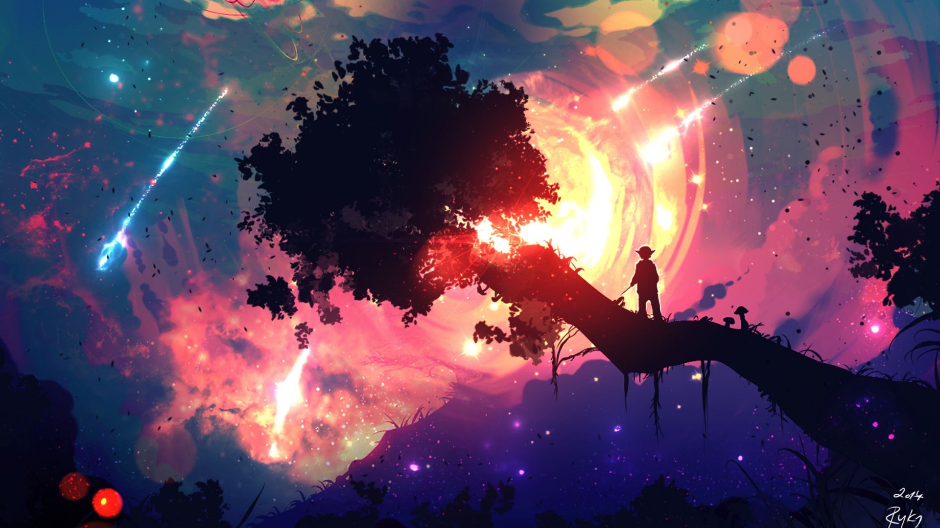 Desktop Wallpaper Illustration, Sunset, Boy On Tree, Night, Anime Art, HD Image, Picture, Background, 5251de