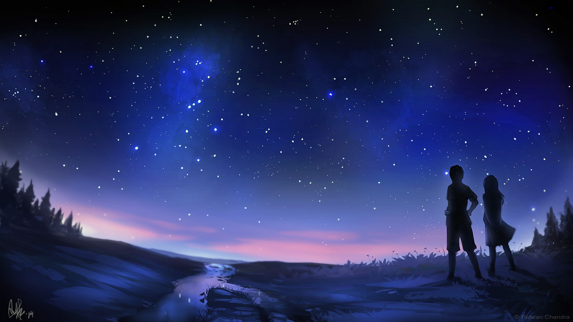 Wallpaper, anime boys, anime girls, couple, night, sky, trees, watermarked 1920x1080