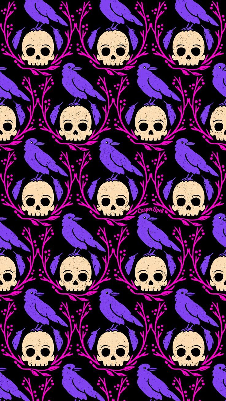 Crows skulls Crow on skull Halloween spooky cute creepy purple pink repeat pattern p. Skull wallpaper, Halloween wallpaper iphone, Halloween wallpaper background