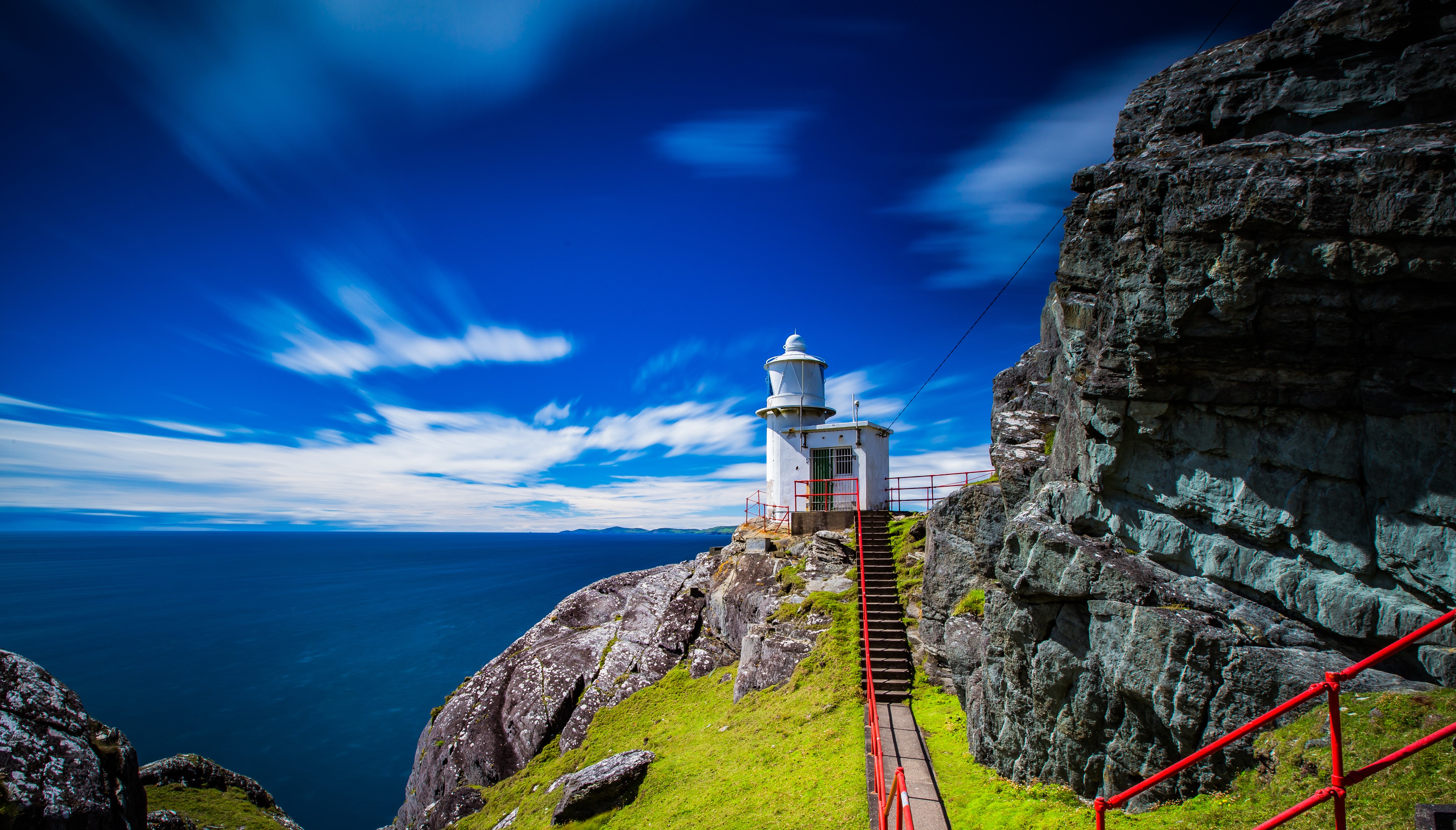 4K, Tooreen Cork, Ireland, Lighthouses, Sea, Sky, Stairs Gallery HD Wallpaper