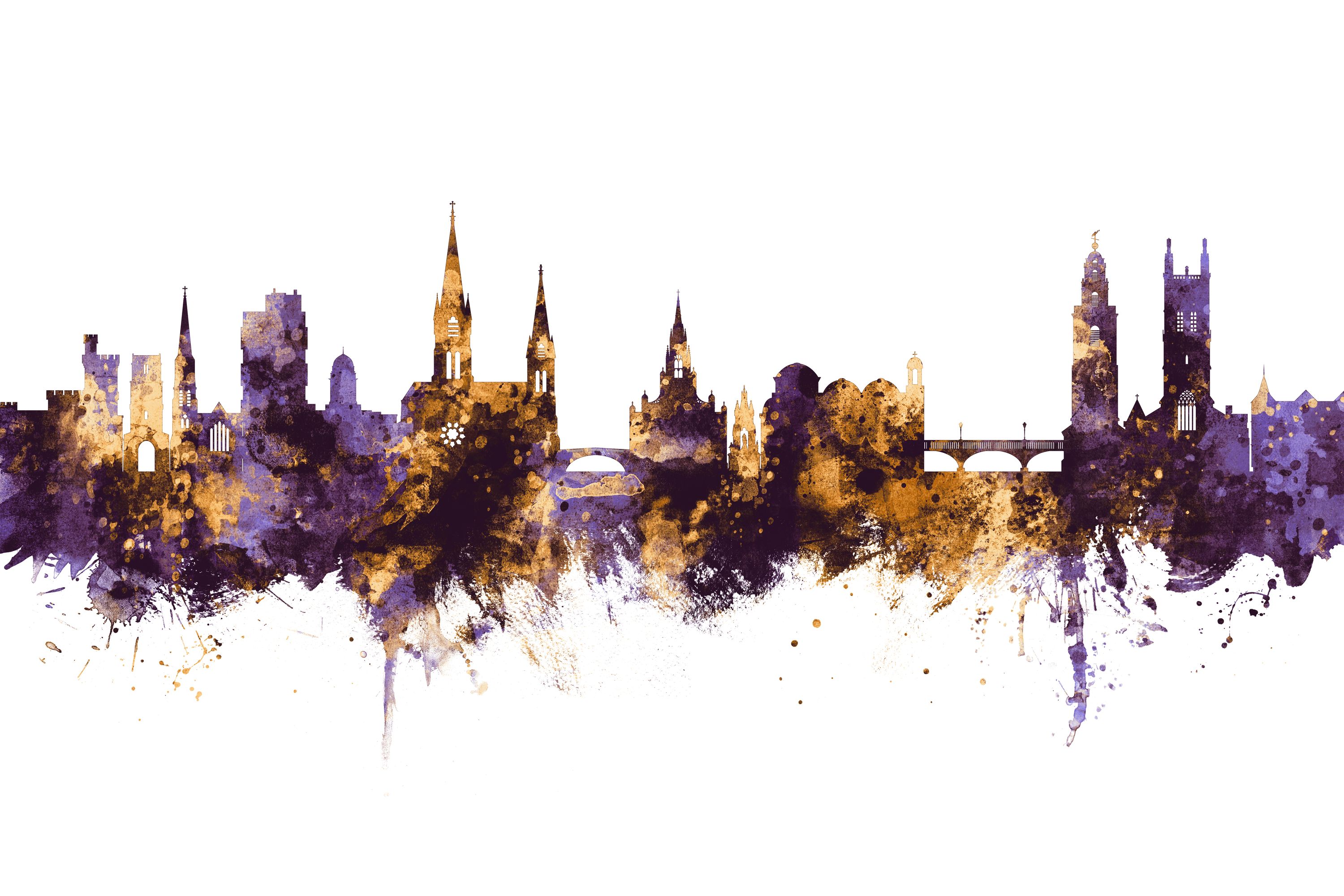 Cork Ireland Skyline Purple & Gold premium wallpaper mural. Shop customized walls on wallism.com