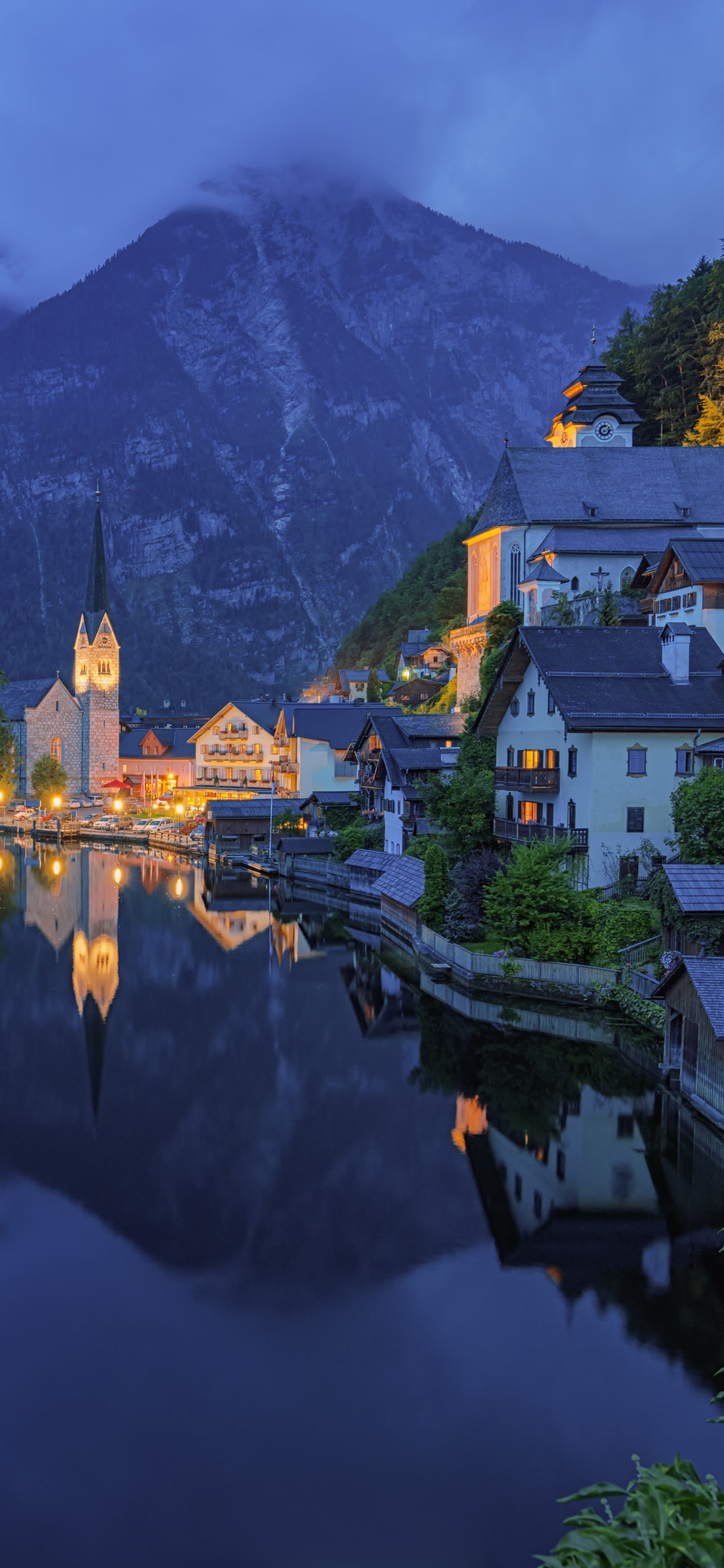 Mountains Wallpaper 4K, Town, Church, Evening, Cold, Lake