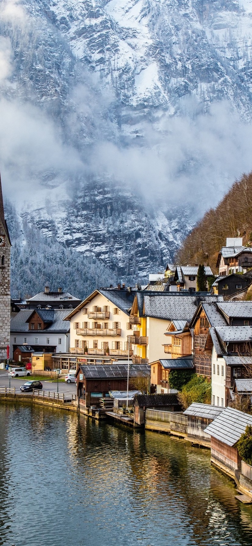 Travel To Hallstatt, Austria, Mountains, Alps, Houses, Fogs, Trees, Snow, Winter 1080x1920 IPhone 8 7 6 6S Plus Wallpaper, Background, Picture, Image