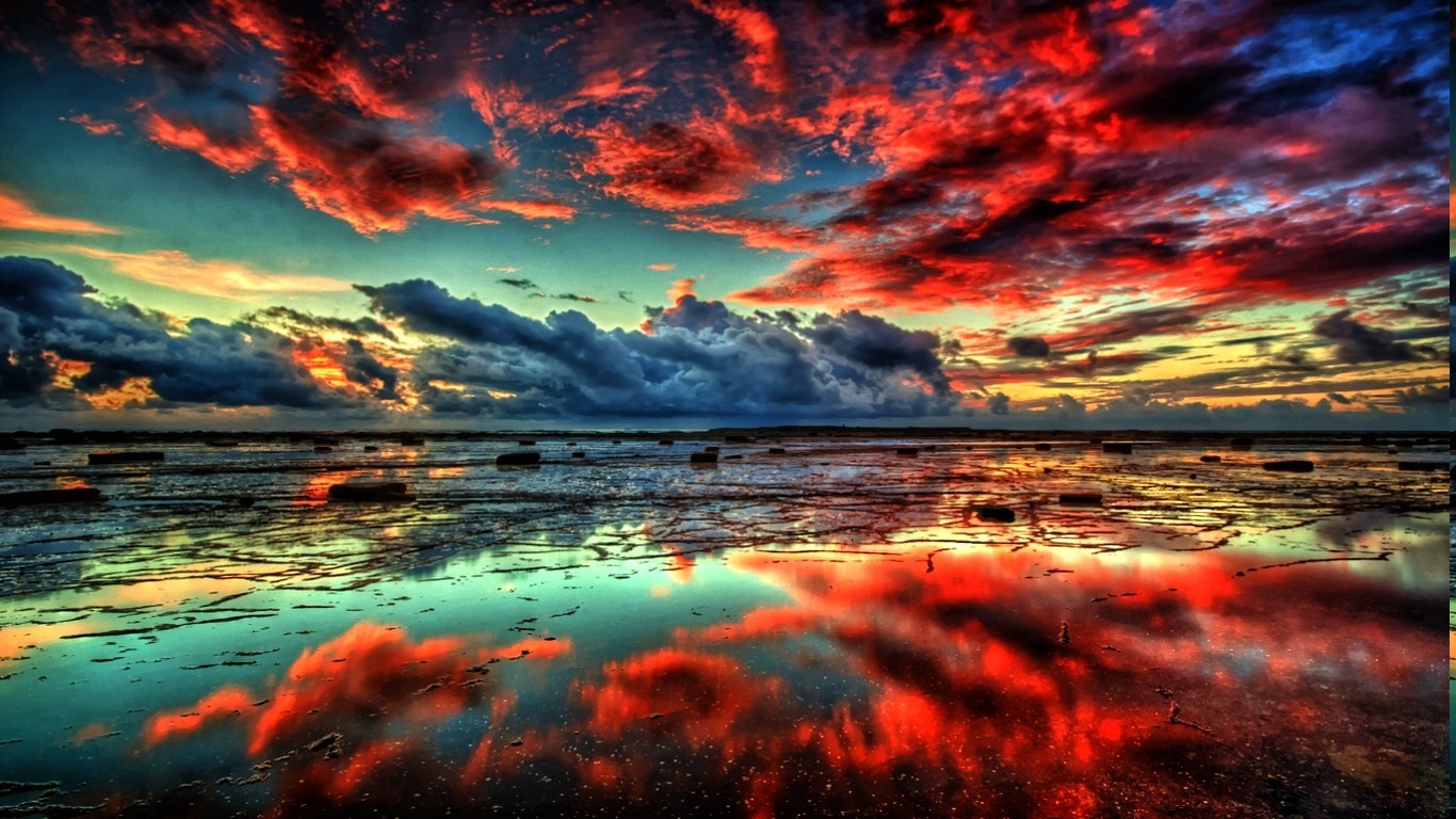Wallpaper, sunlight, landscape, sunset, lake, water, nature, reflection, sunrise, calm, evening, horizon, atmosphere, dusk, cloud, dawn, 1366x768 px, computer wallpaper, afterglow, geological phenomenon, red sky at morning, theatrical scenery 1366x768