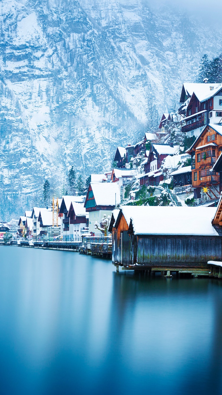 Wallpaper / Man Made Hallstatt Phone Wallpaper, Snow, Village, Austria, Lake, Mountain, 750x1334 free download