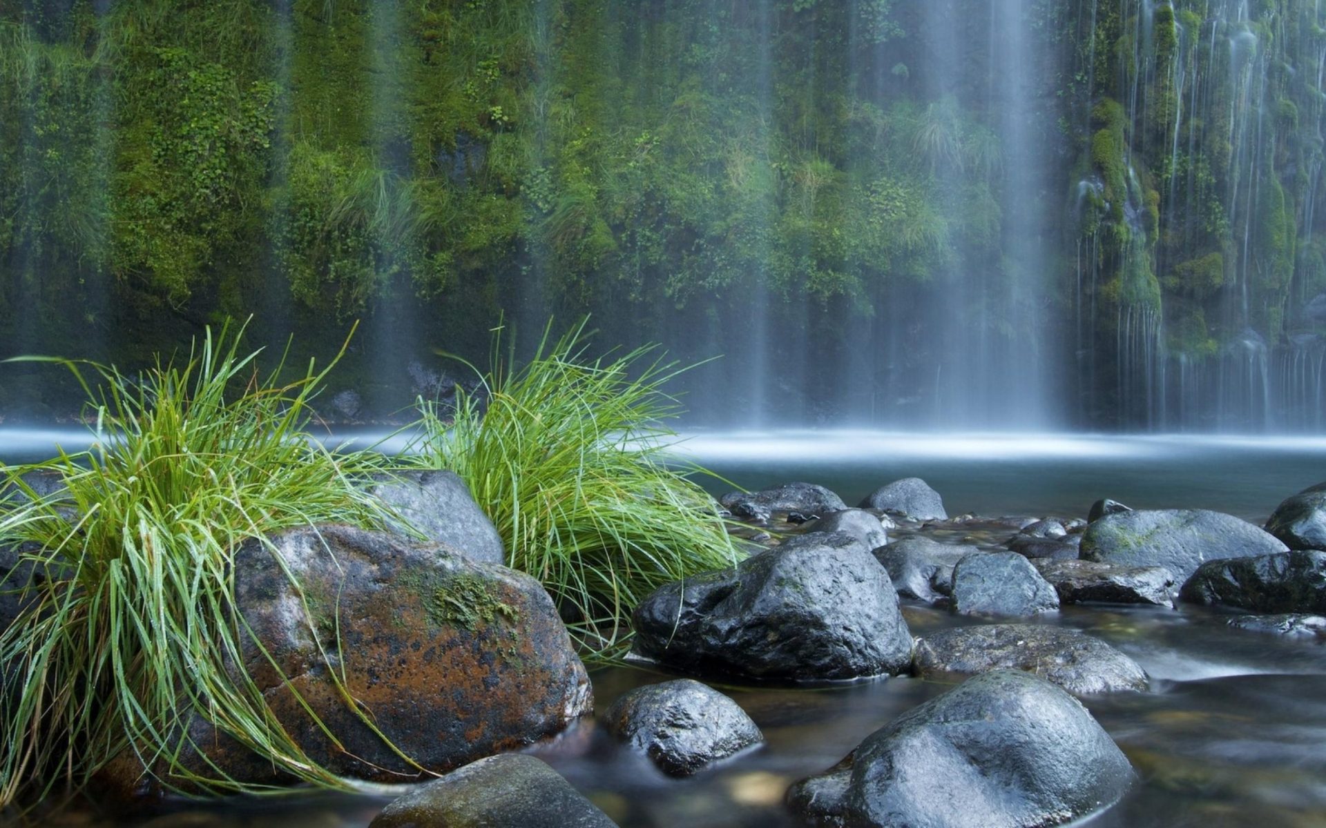 Nature Landscape Waterfall River Stones Grass Computer Wallpaper HD 2880x1620, Wallpaper13.com