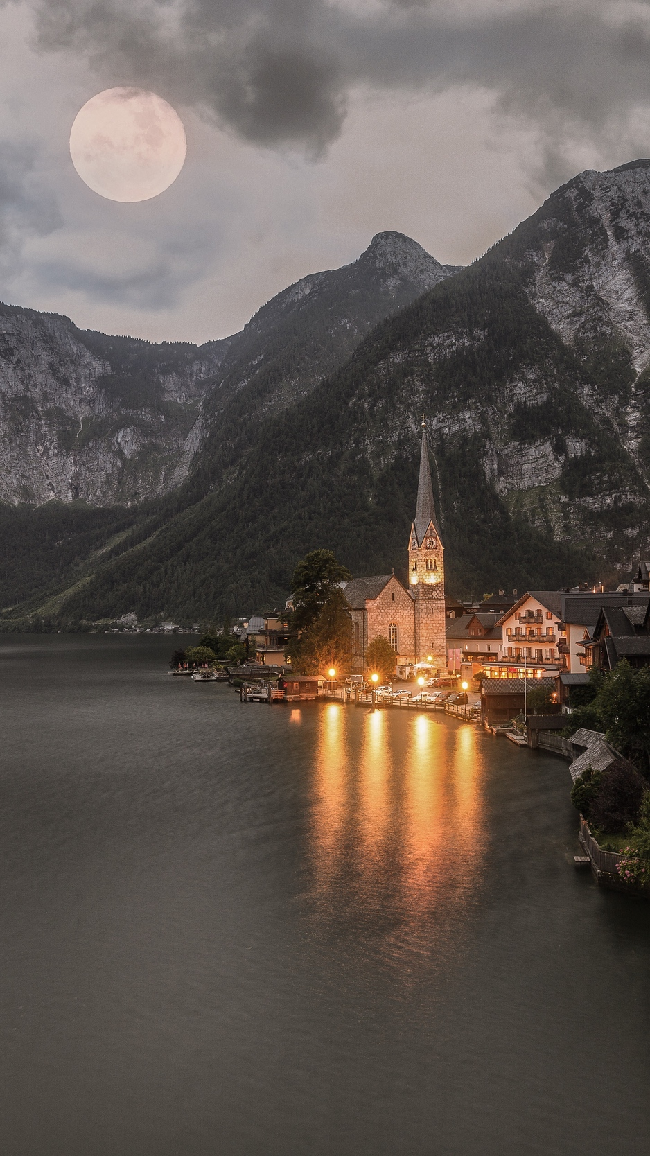 Download Wallpaper 938x1668 Temple, Mountains, Lake, Lighting, Hallstatt, Austria Iphone 8 7 6s 6 For Par. Hallstatt, Beautiful Places To Travel, Nature Wallpaper