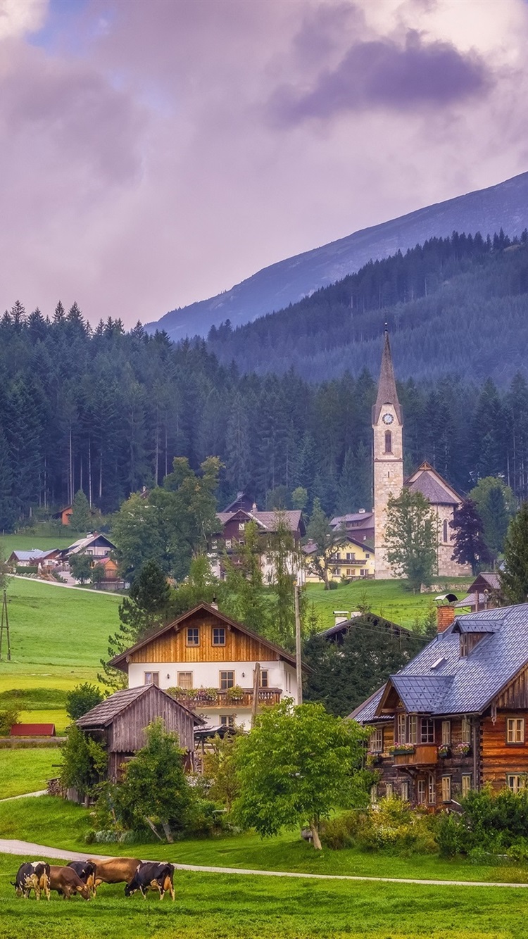 Gosau, Austria, Alps, Church, Houses, Village, Trees 750x1334 IPhone 8 7 6 6S Wallpaper, Background, Picture, Image