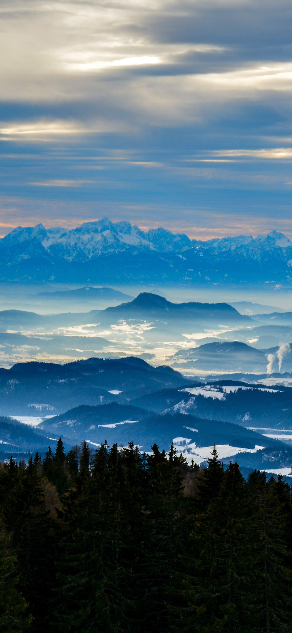 Download wallpaper 1125x2436 mountains, horizon, misty sunrise, austria, iphone x, 1125x2436 HD background, 563