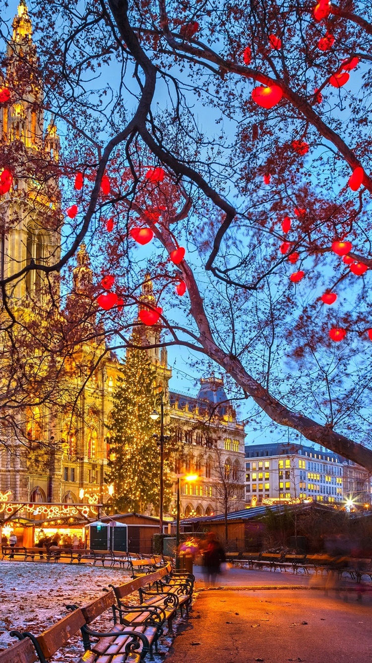 Vienna, Austria, Town Hall, Winter, Snow, Trees, Evening, Buildings, Lights 750x1334 IPhone 8 7 6 6S Wallpaper, Background, Picture, Image