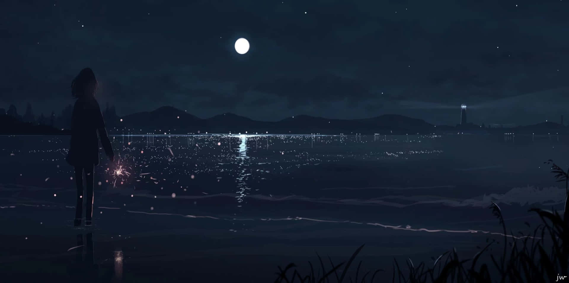 Download Anime Beach Night Scenery Wallpaper