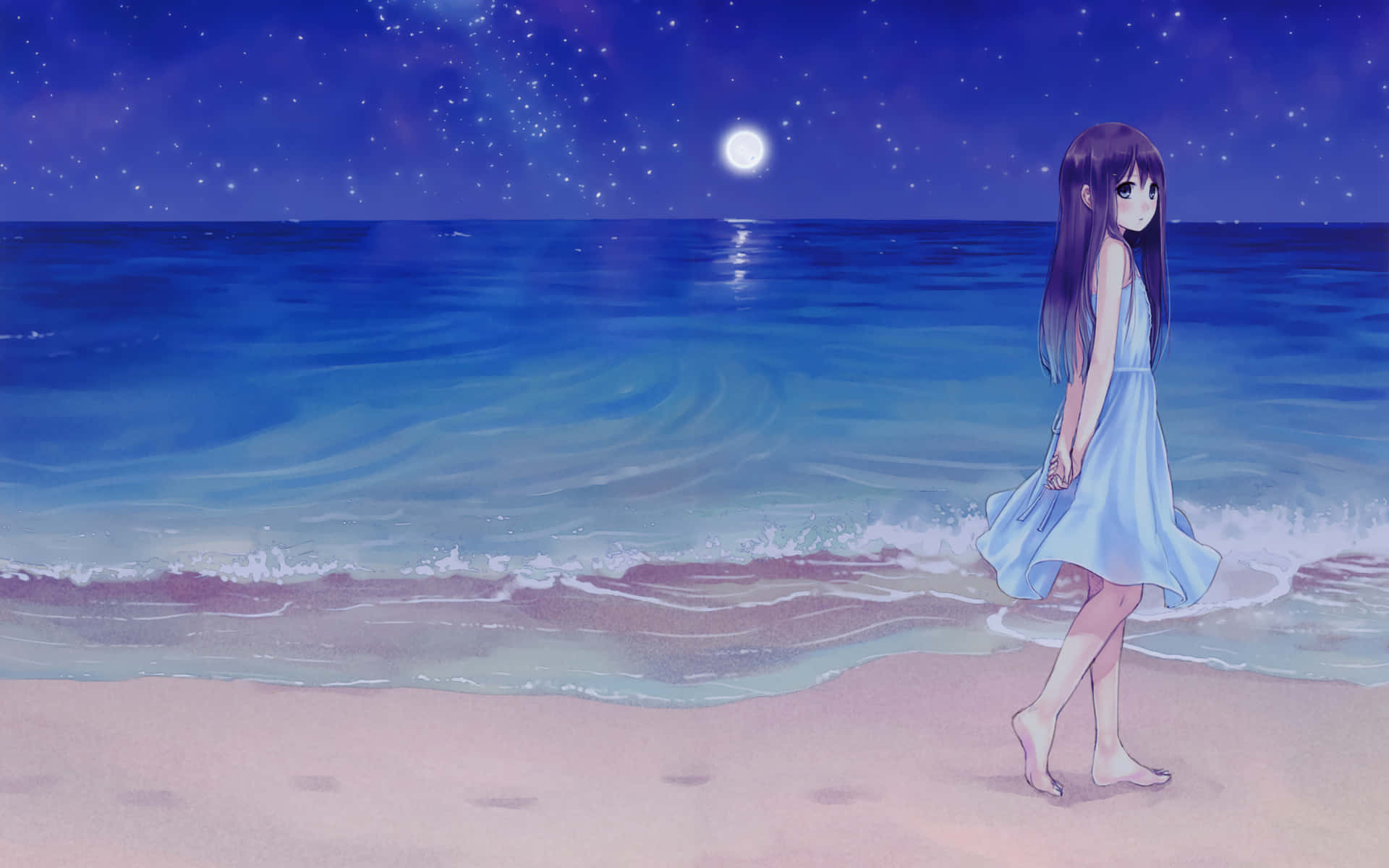 Download Girl Walking Along The Beach Night Anime Scenery Wallpaper