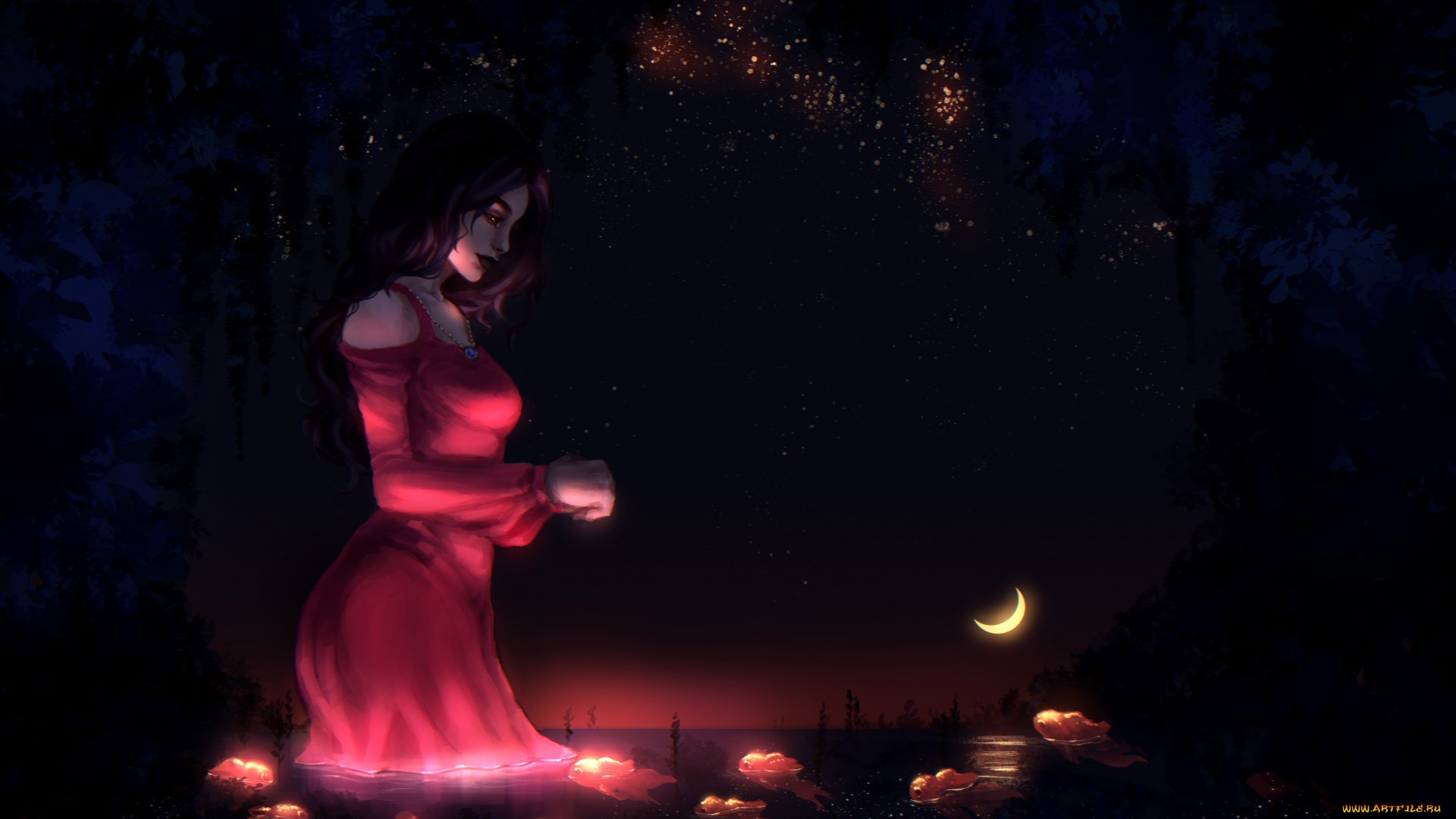 artwork, crescent moon, fantasy girl, dark, fantasy art, red dress, night Gallery HD Wallpaper