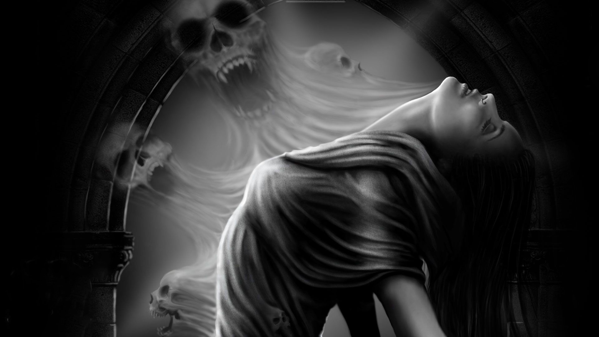 art, fantasy, girl, gothic, dark, digital, skull, woman, wallpaper