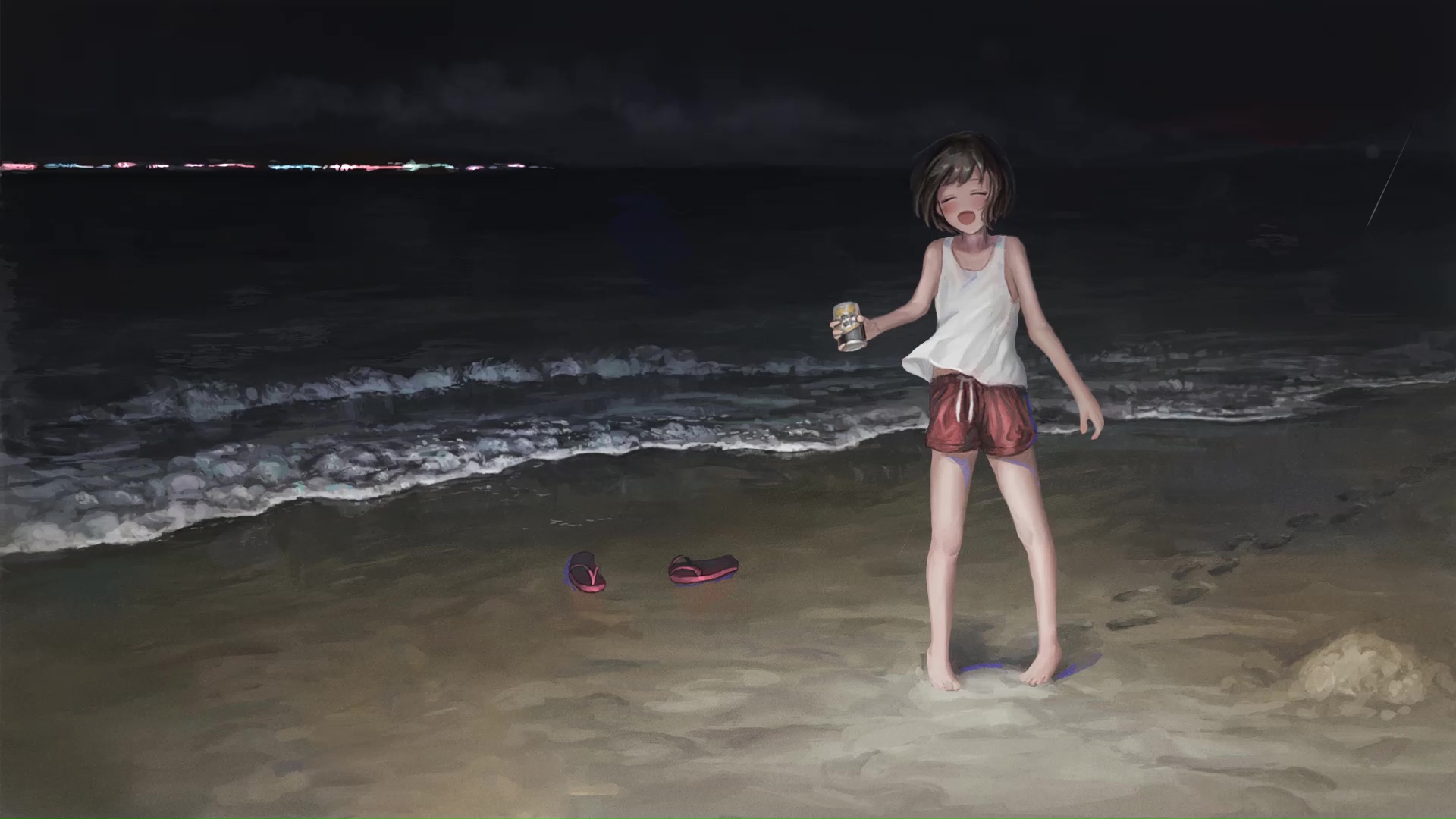Anime Girl On The Beach At Night Live Wallpaper