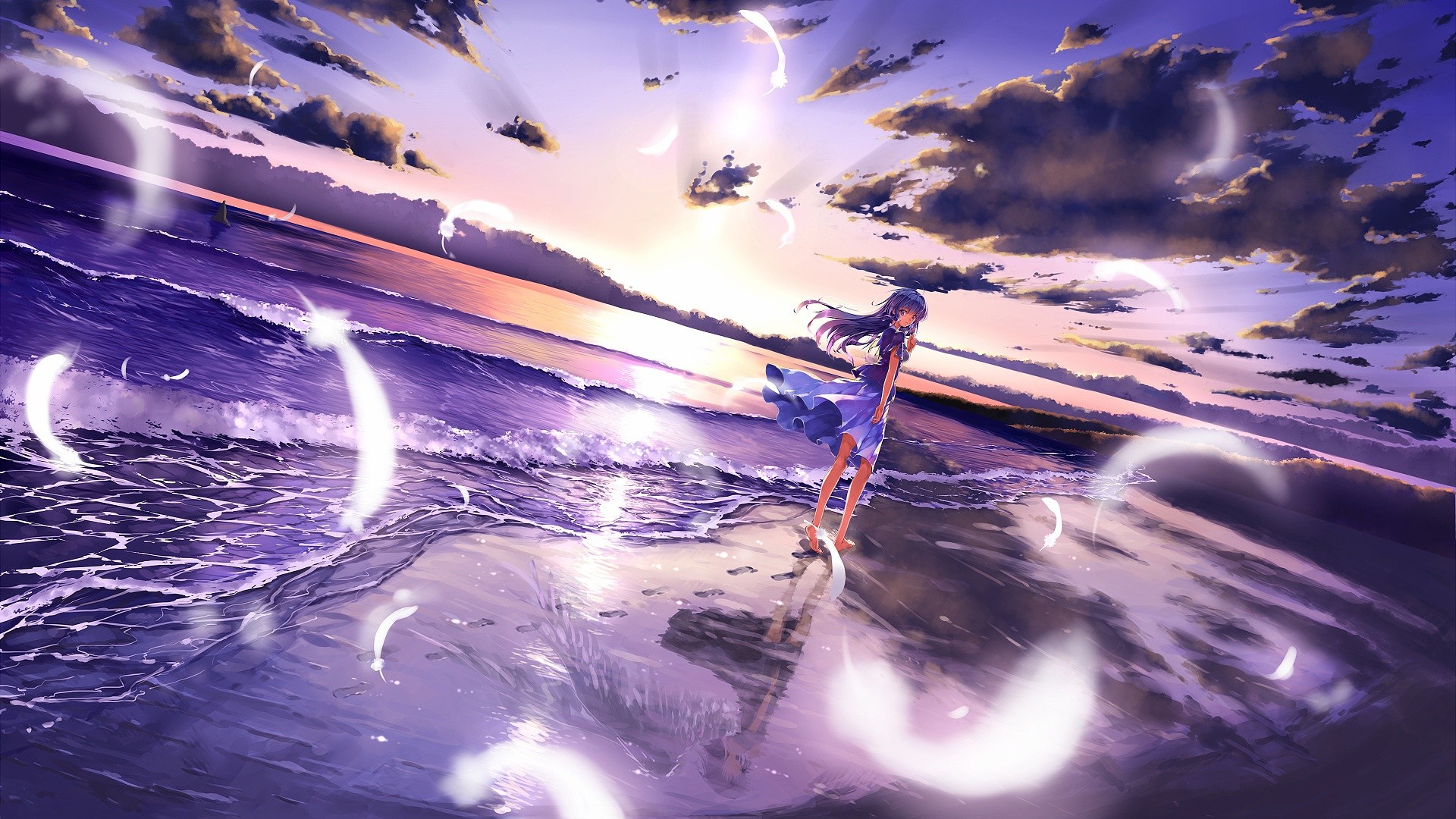 Wallpaper, sunlight, night, anime girls, reflection, sky, beach, Earth, ice, original characters, moonlight, thunder, light, cloud, weather, wave, darkness, screenshot, computer wallpaper, atmosphere of earth, outer space 1920x1080