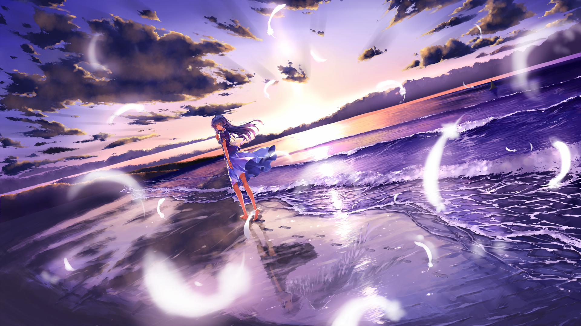 Wallpaper, sunlight, night, anime girls, reflection, vehicle, beach, thunder, universe, light, wave, darkness, screenshot, computer wallpaper, atmosphere of earth, outer space 1920x1080