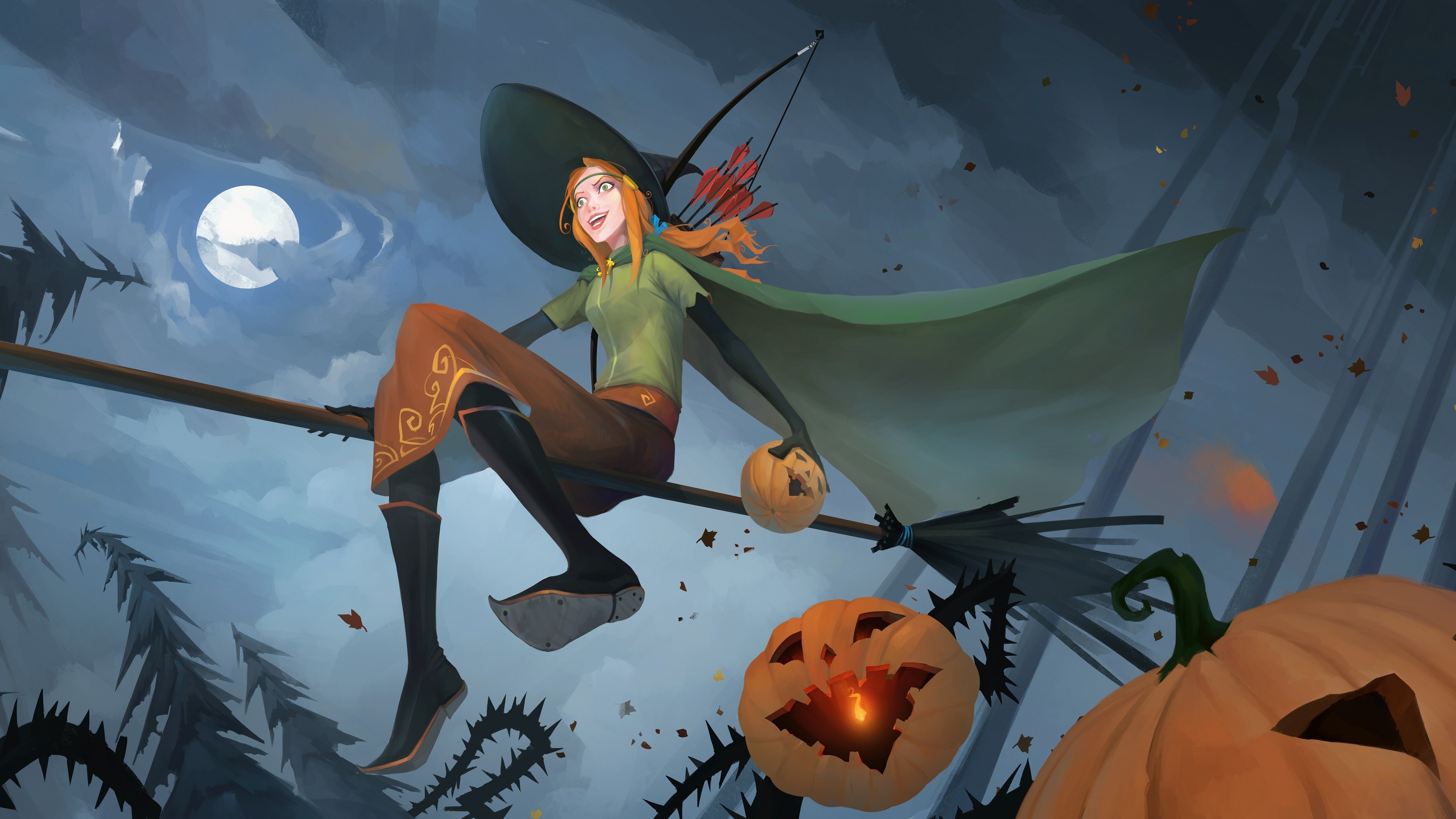 Wallpaper The Banner Saga, witch, full moon, pumpkin, Halloween, night 3840x2160 UHD 4K Picture, Image