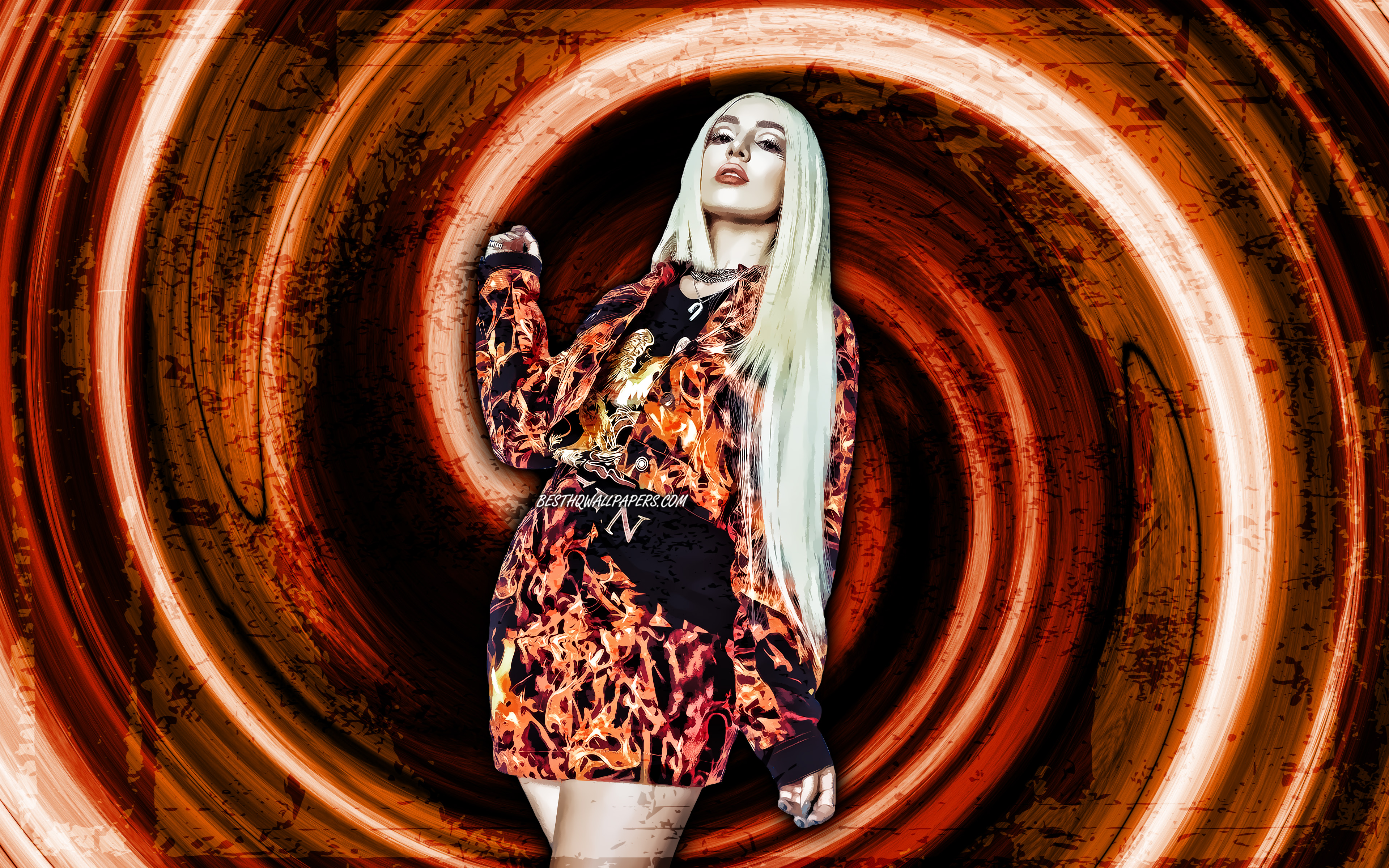 Download wallpaper 4k, Ava Max, orange grunge background, american singer, music stars, vortex, Amanda Ava Koci, creative, Ava Max 4K for desktop with resolution 3840x2400. High Quality HD picture wallpaper