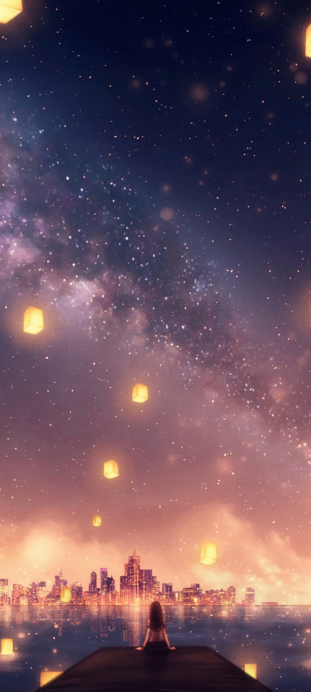 Wallpaper / Anime Sky Phone Wallpaper, Lantern, City, Stars, 1080x2400 free download