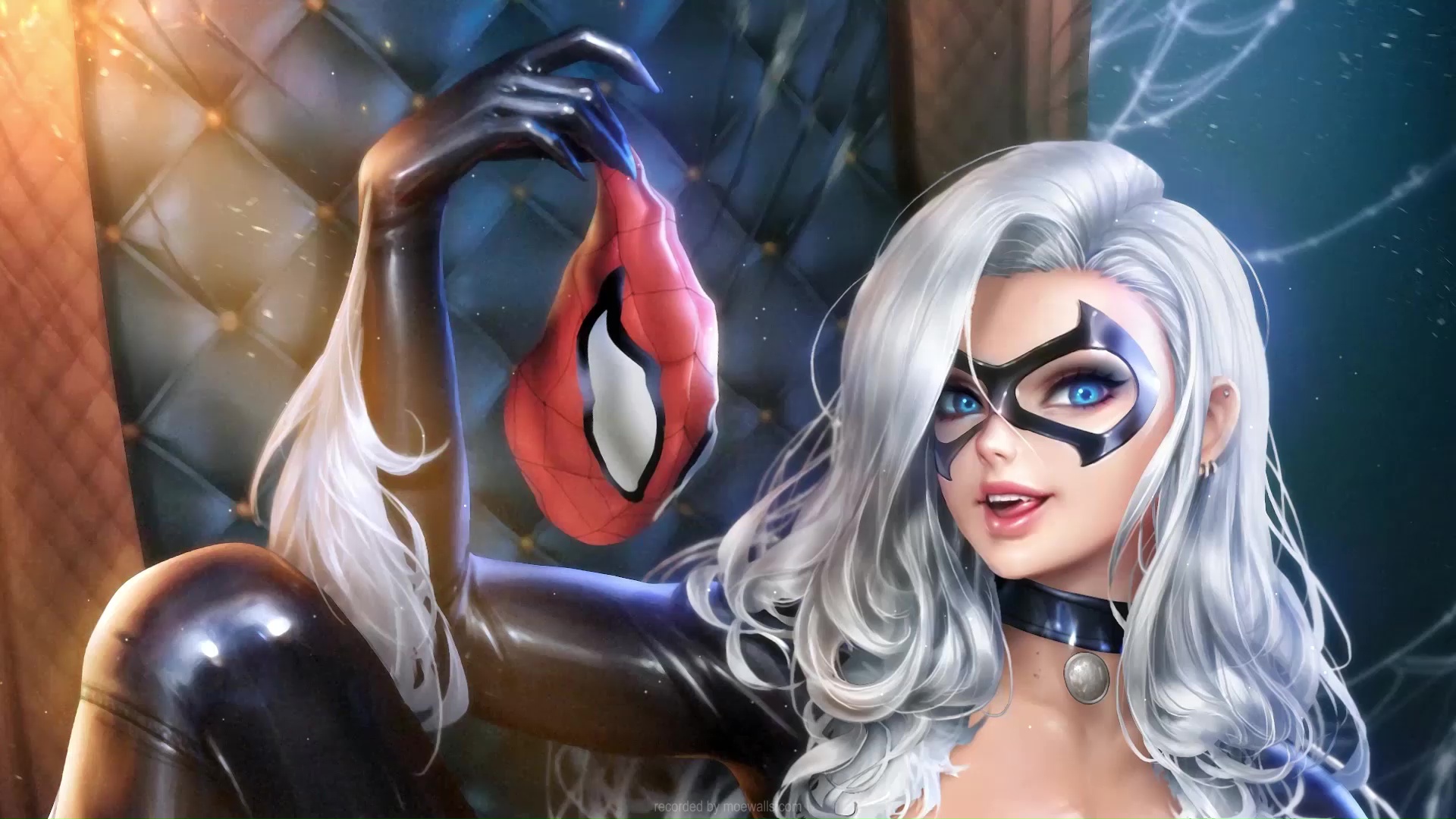 Black Cat Playing With Spider Man's Mask Live Wallpaper