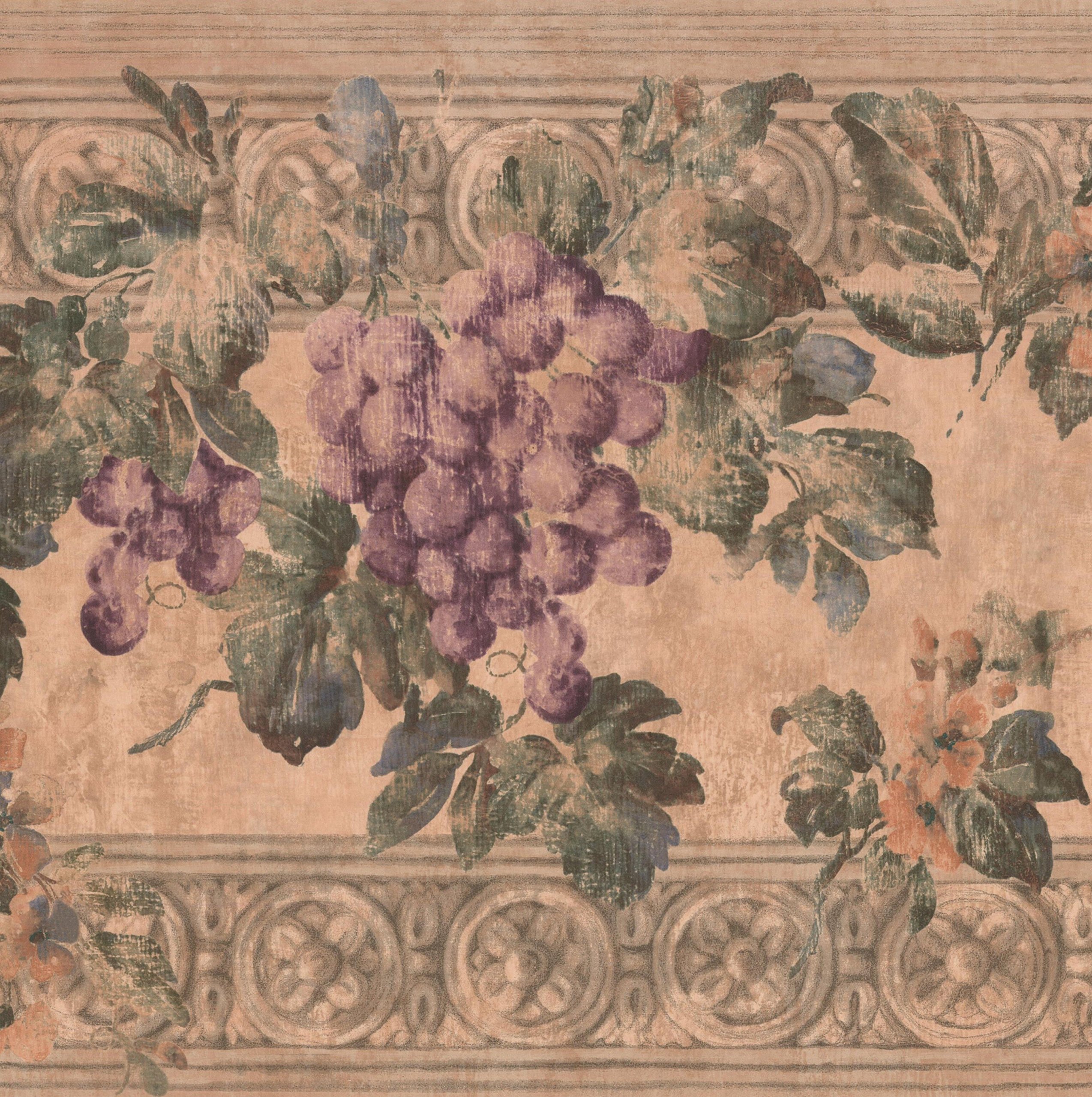 Purple Grape Vines on Ancient Wall Vintage Wide Wallpaper Border Retro Design, Roll 15' x 10''