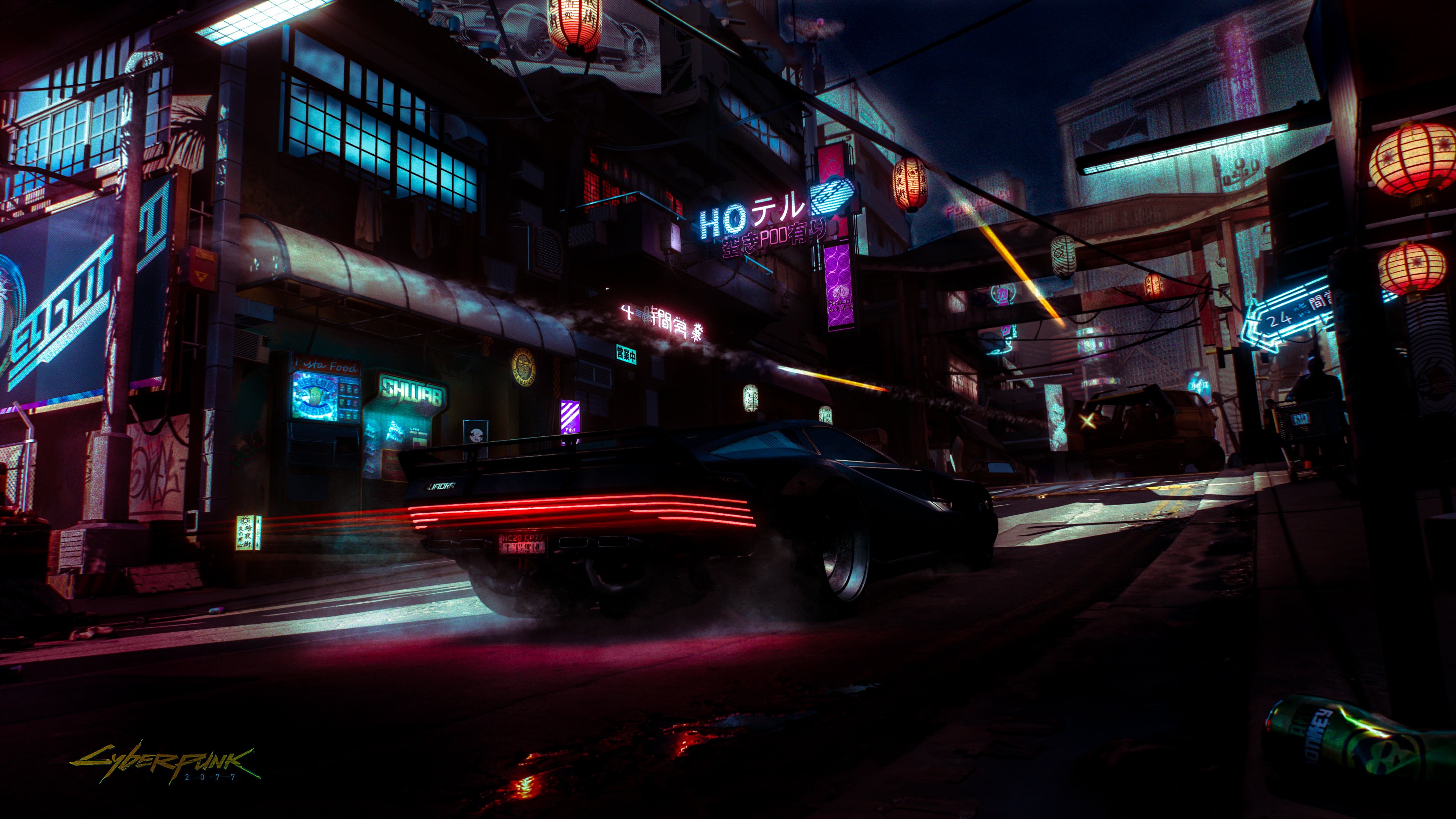 Wallpaper / building exterior, digital art, red, die, road, city life, Retro style, night, nightlife, car, transportation, dark background, architecture, illuminated free download