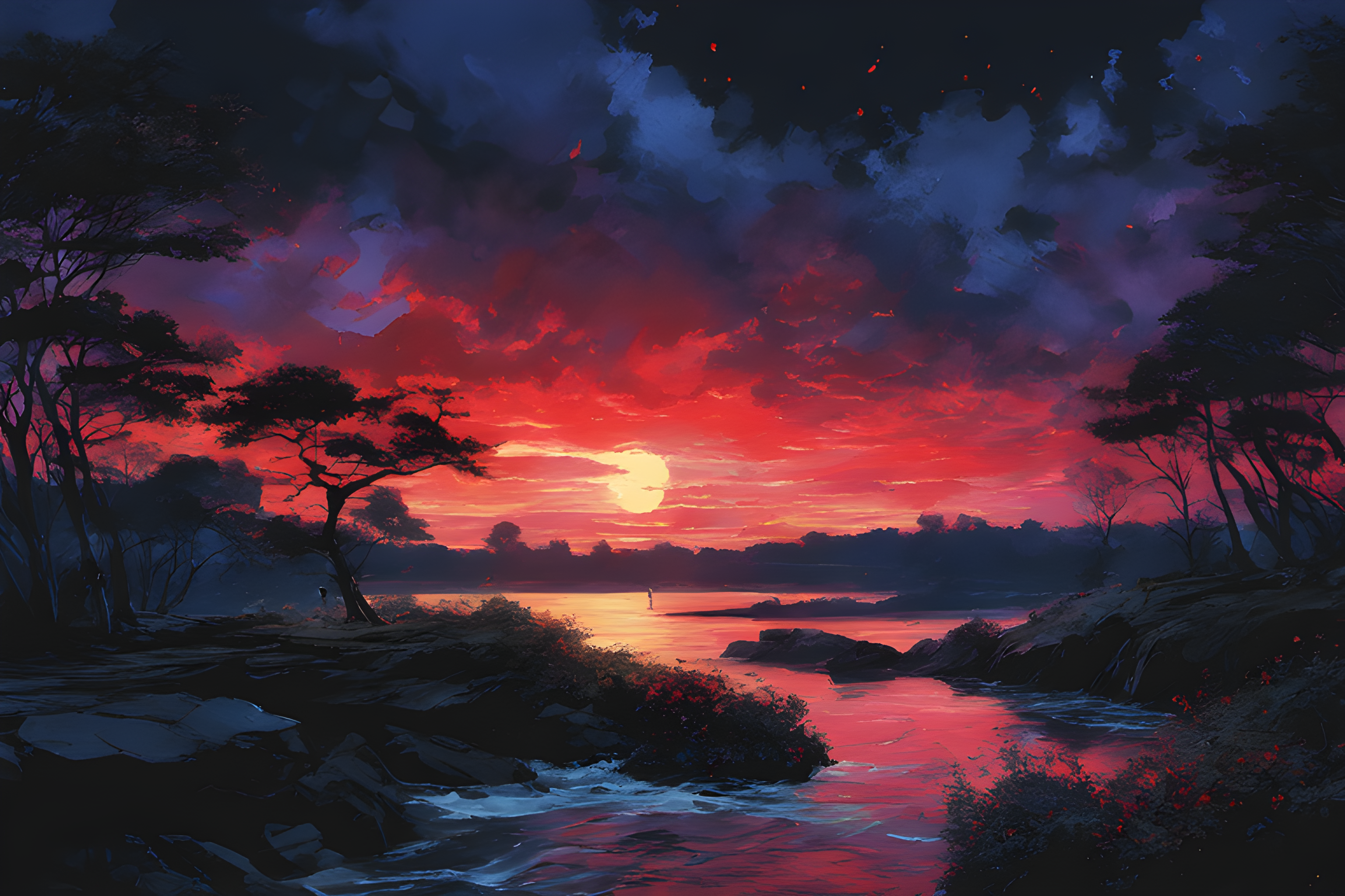 ai art, realistic, shadows, sunset, lake, human, hd