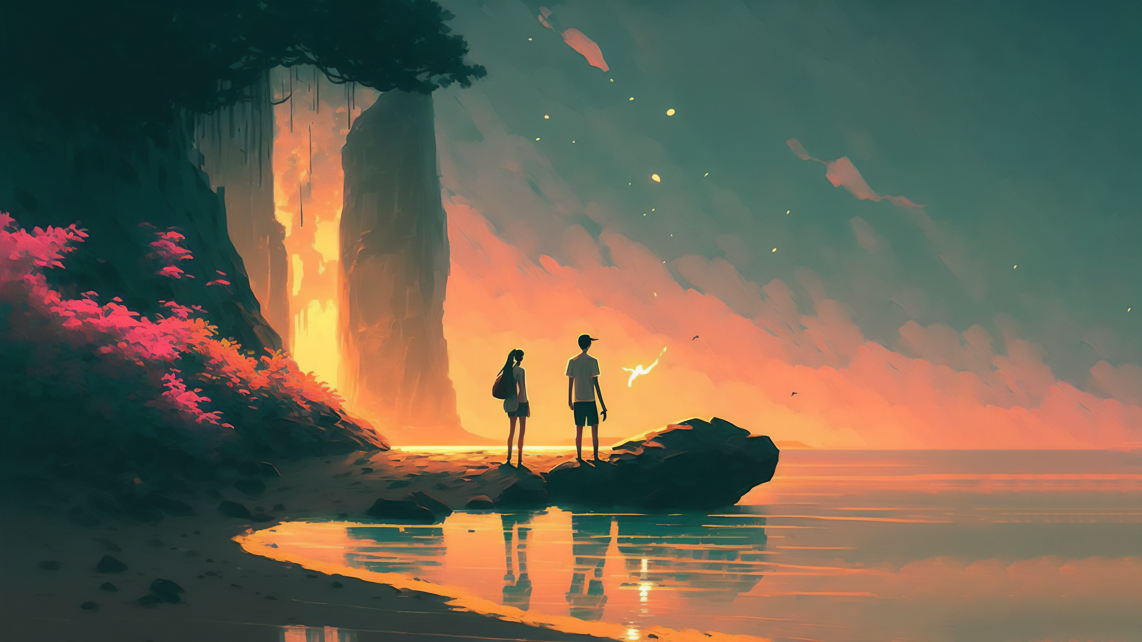 Wallpaper, ai art, mountains, illustration, couple, lake, sunset glow, water, reflection 3641x2048