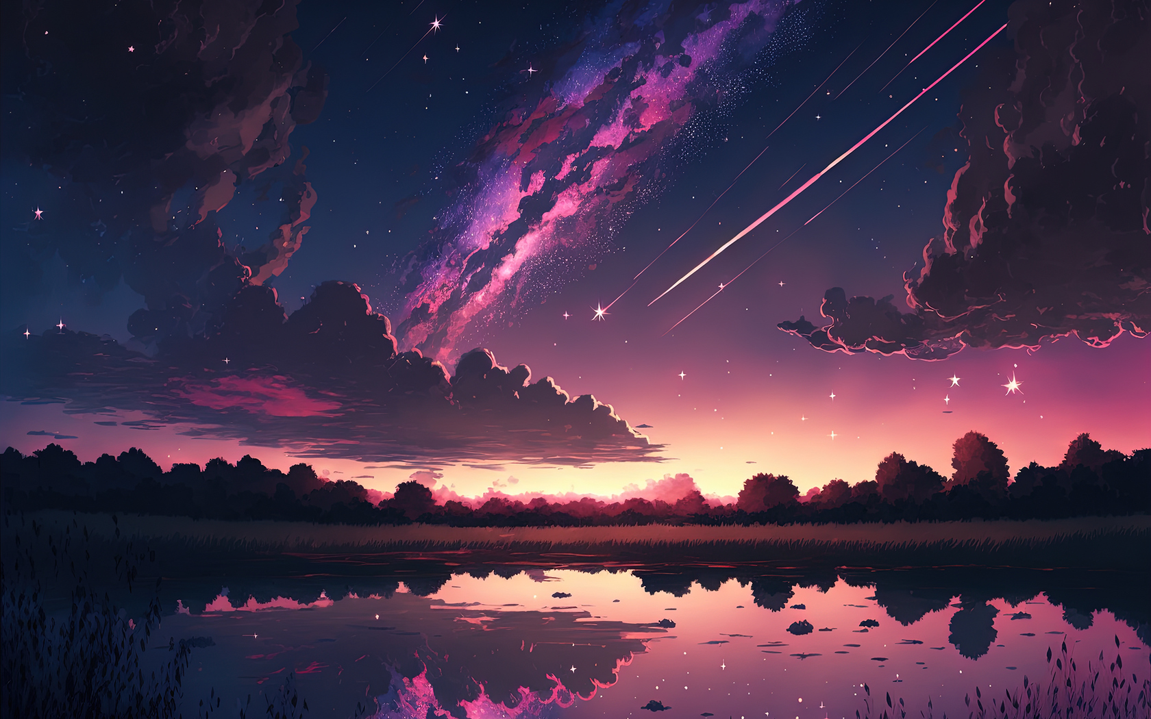 Download Sunset, Lake, Stars, Clouds, AI Art Wallpaper in 1680x1050 Resolution