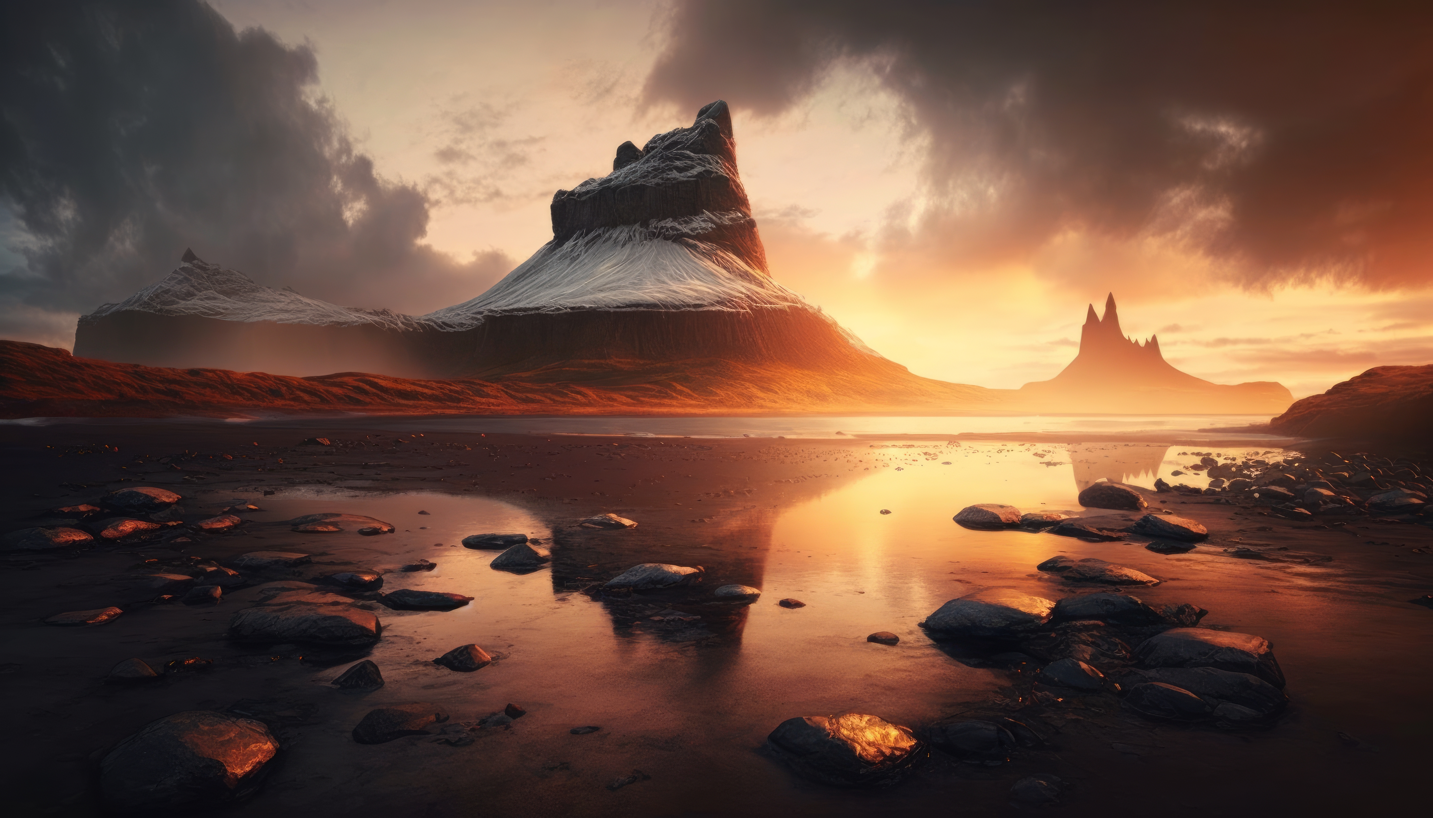 Ai Art Mountains Landscape Lake Sunset Sunset Glow Water Reflection Nature Clouds Wallpaper:4579x2616