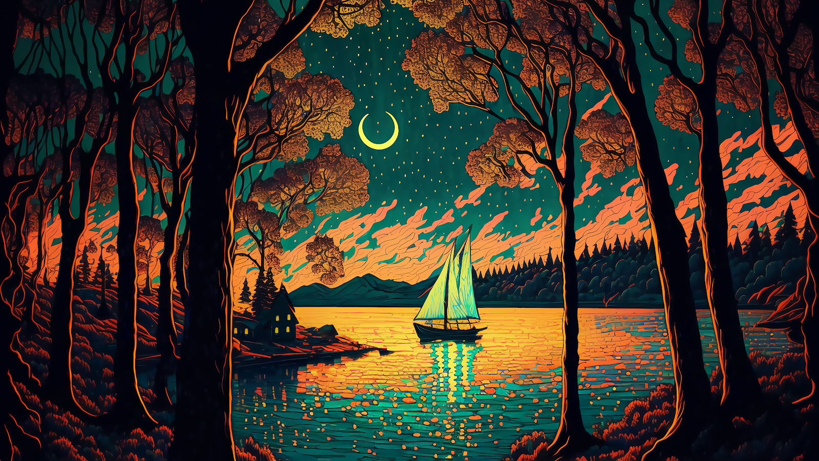 Beautiful Painting Forest Lake House: AI Generated Mid Journey Wallpaper 4K For PC